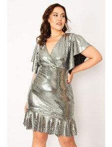 Şans Women's Plus Size Silver Sequin Dress with a wrapover collar, voluminous sleeves and hem.