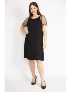 Şans Women's Black Plus Size Sleeves Tulle Neck Elastic Detail Layered Hem Dress