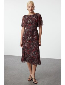 Trendyol Red Animal Patterned A-Line Angel Sleeve Lined Chiffon Midi Woven Dress