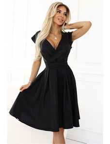 NUMOCO 348-10 SCARLETT rozkloszowana sukienka z kopertowym décollettem i paskiem - CZARNA Z BROKATEM