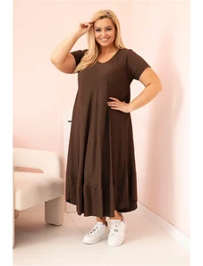 Kesi Włoski Plus size women's dress with short sleeves and ruffle made of light viscose brown