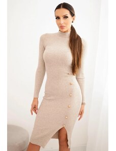 Kesi Włoski Women's ribbed dress with a turtleneck and decorative buttons beige