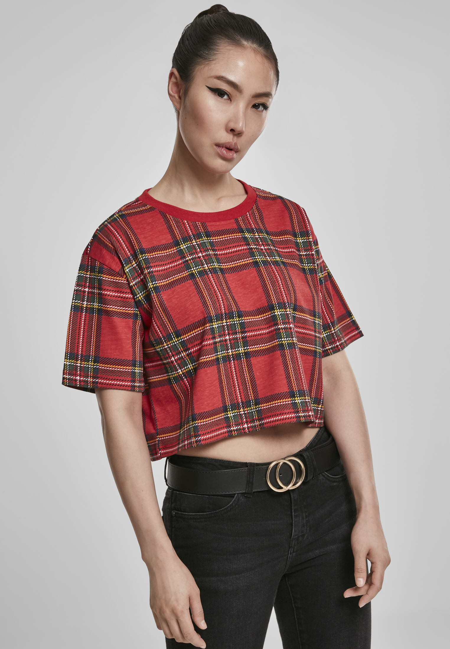 Urban Classics Women's short oversized T-shirt AOP Tartan red/bl