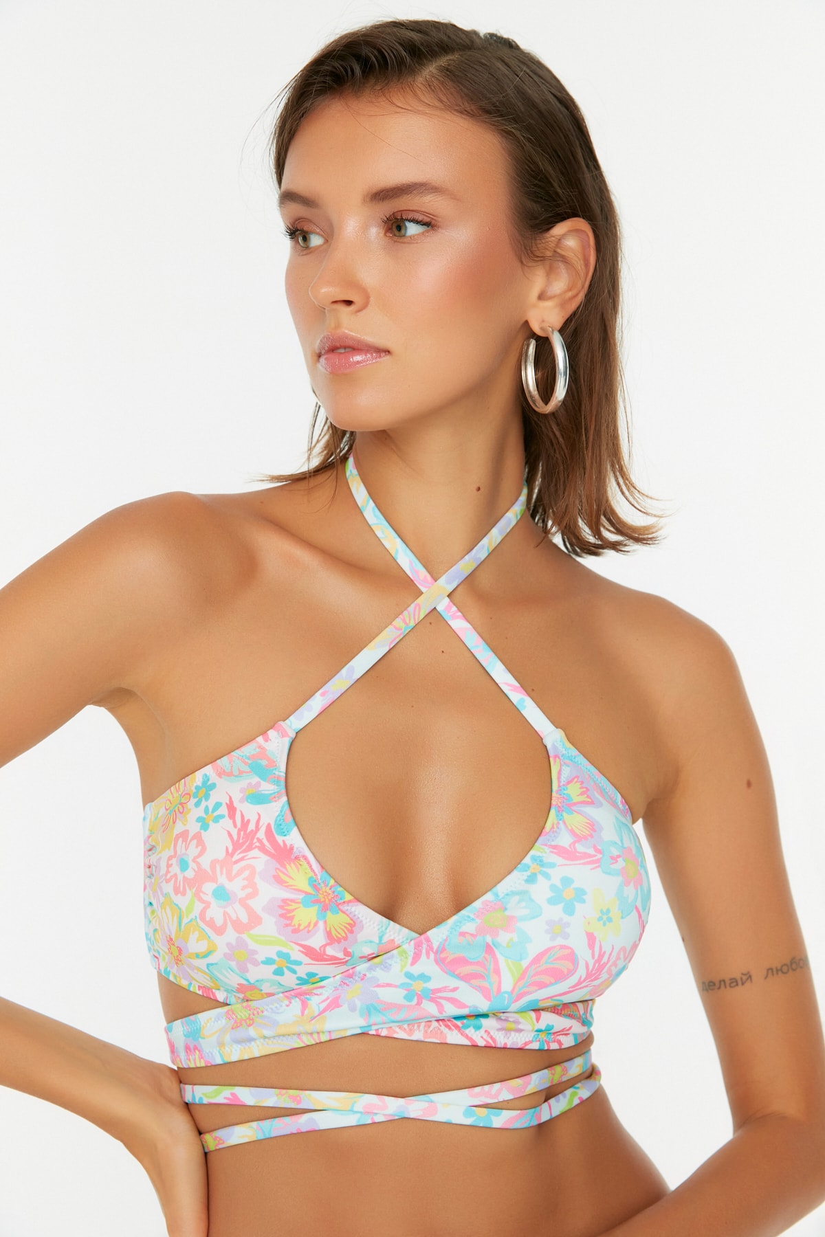 Trendyol Floral Pattern Bikini Top With Tie Detailed