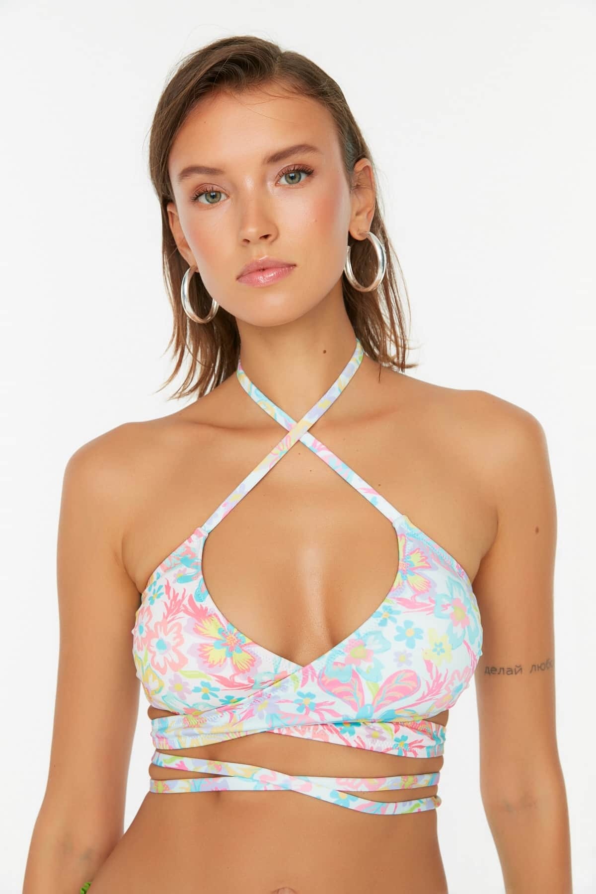 Trendyol Floral Pattern Bikini Top With Tie Detailed