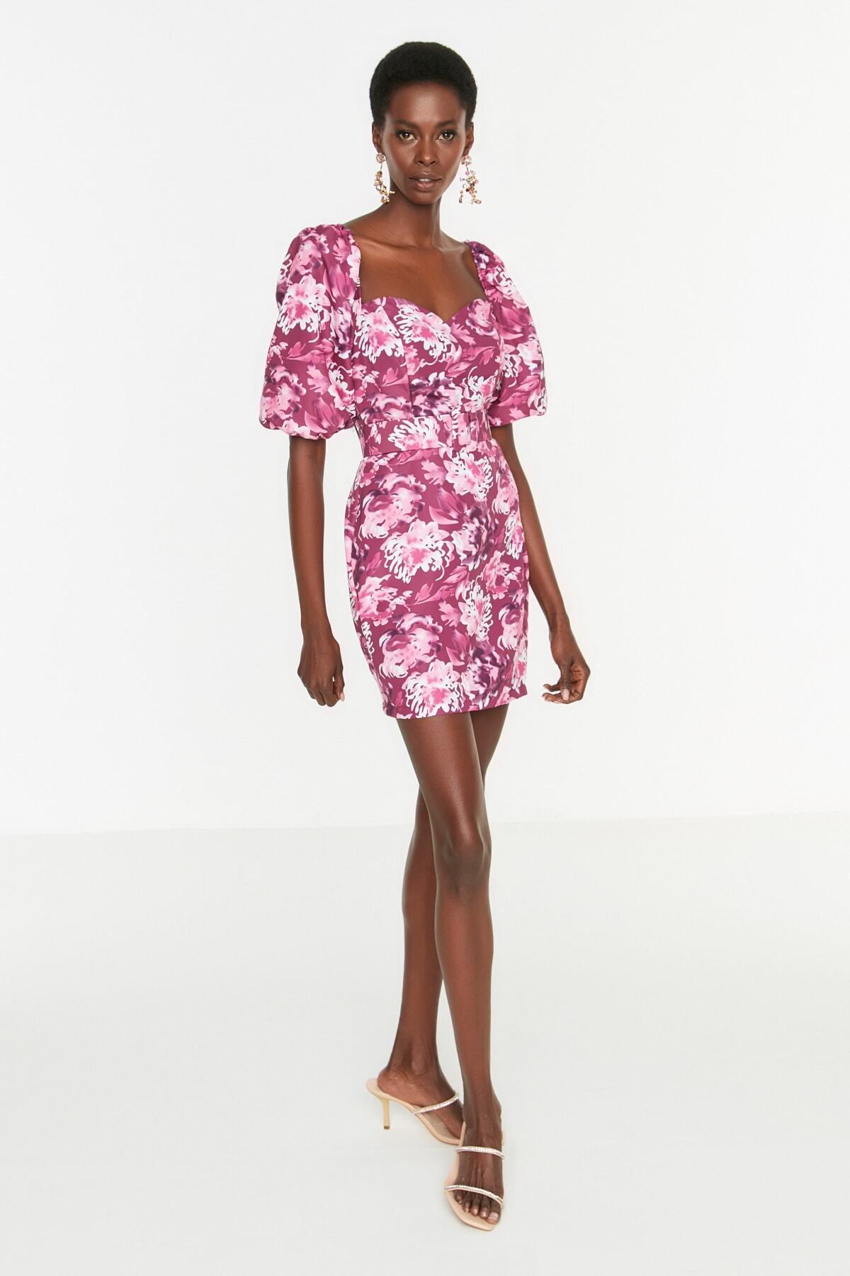 Trendyol večbarvna cvetlična Poplin elegantna večerna obleka