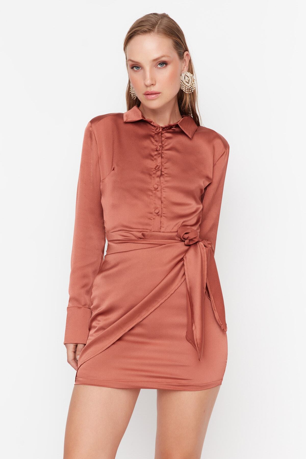 Trendyol cimetova kravata podrobna satenska večerna obleka