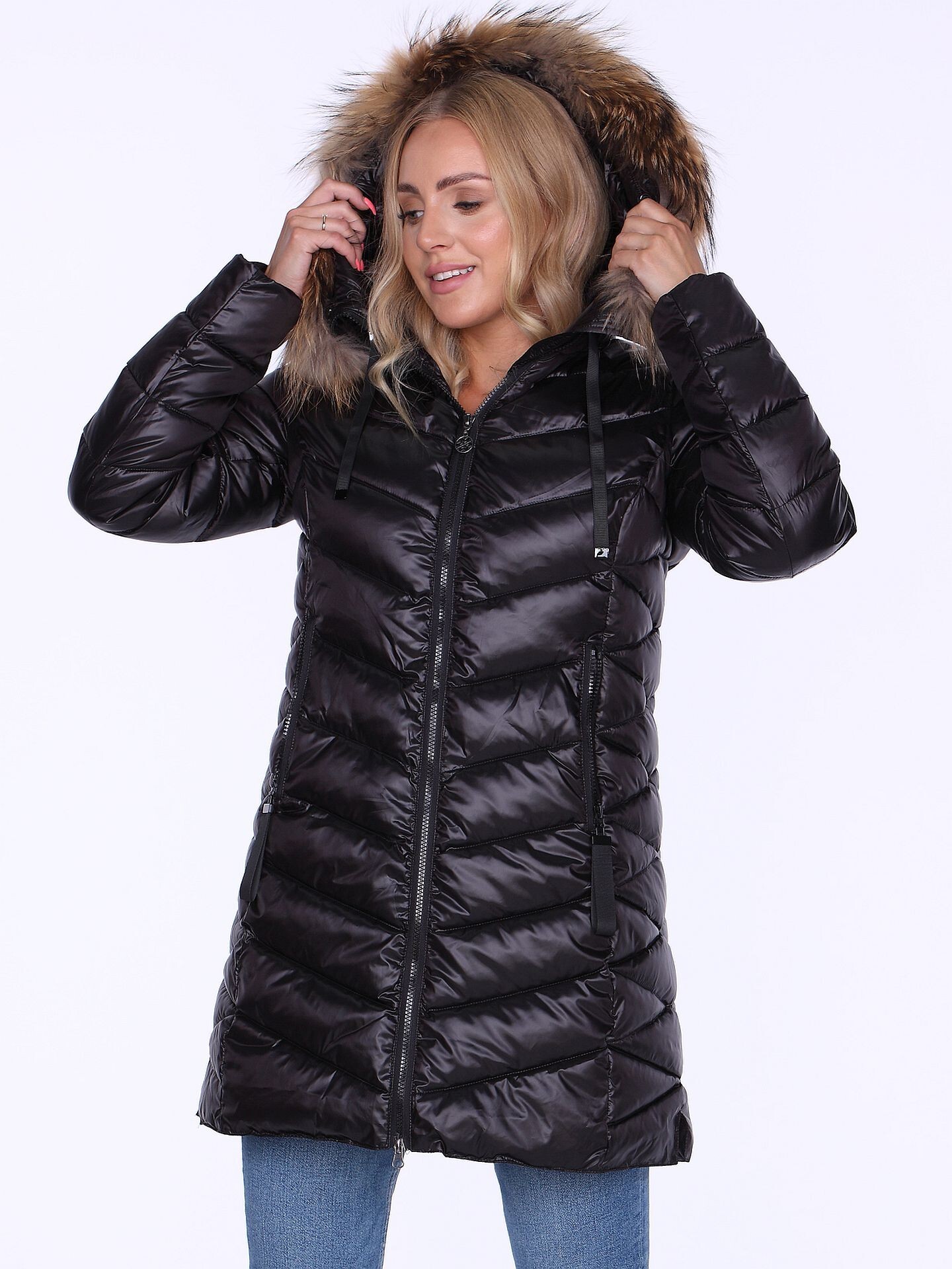 PERSO Woman's Women's winter jacket with natural fur on the hood,casual style