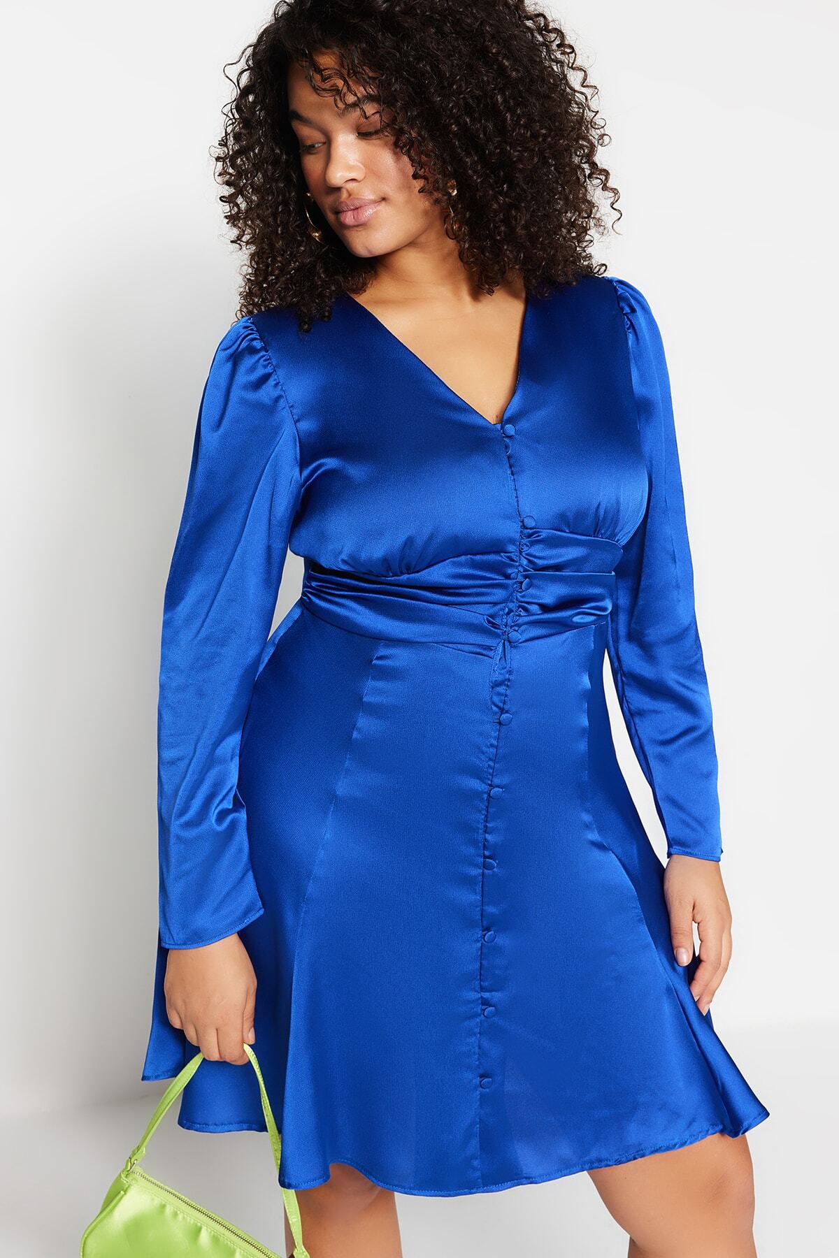 Trendyol krivulja Indigo gumb Podrobna satenska tkana obleka