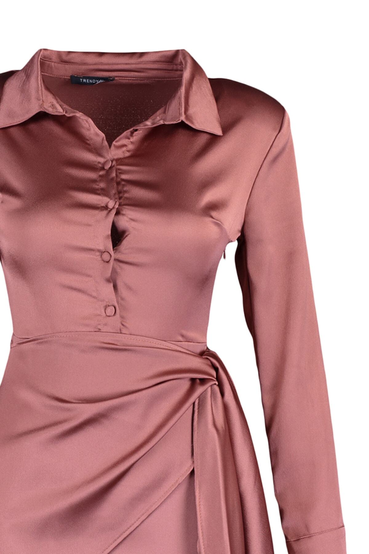 Trendyol cimetova kravata podrobna satenska večerna obleka