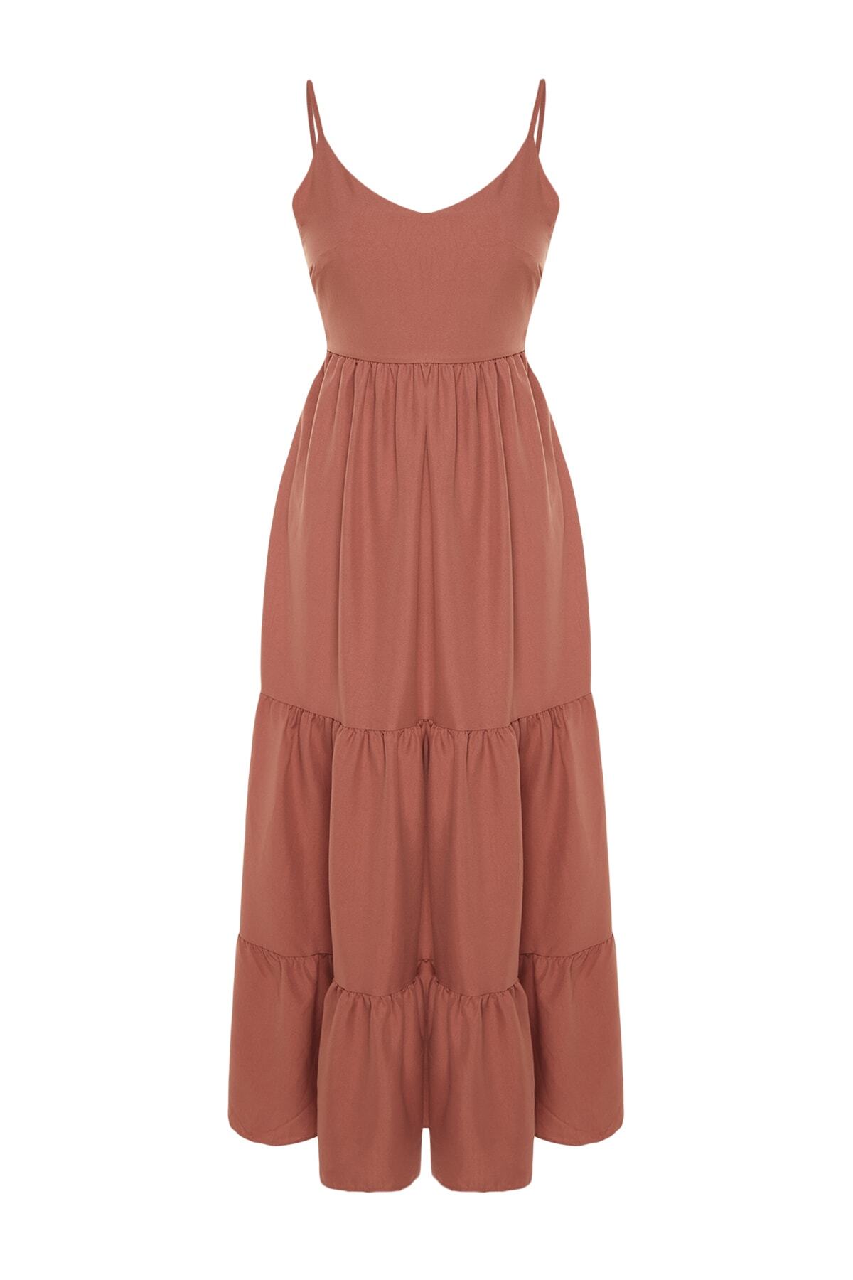 Trendyol Dusty Rose Skirt Flounced Back Tie Detail Strap Maxi Woven Dress
