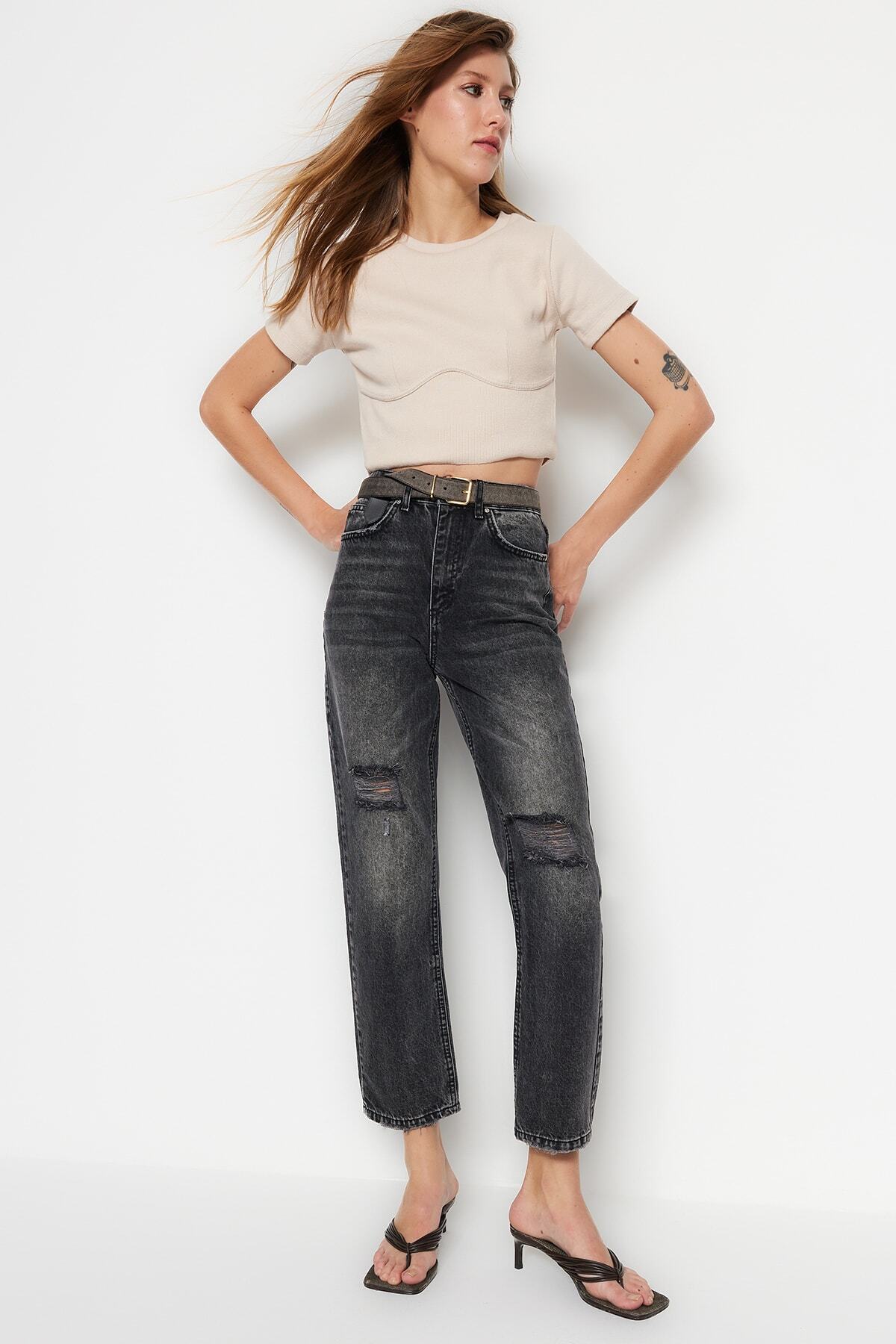 Trendyol Black raztrgal visok pas ravne kavbojke