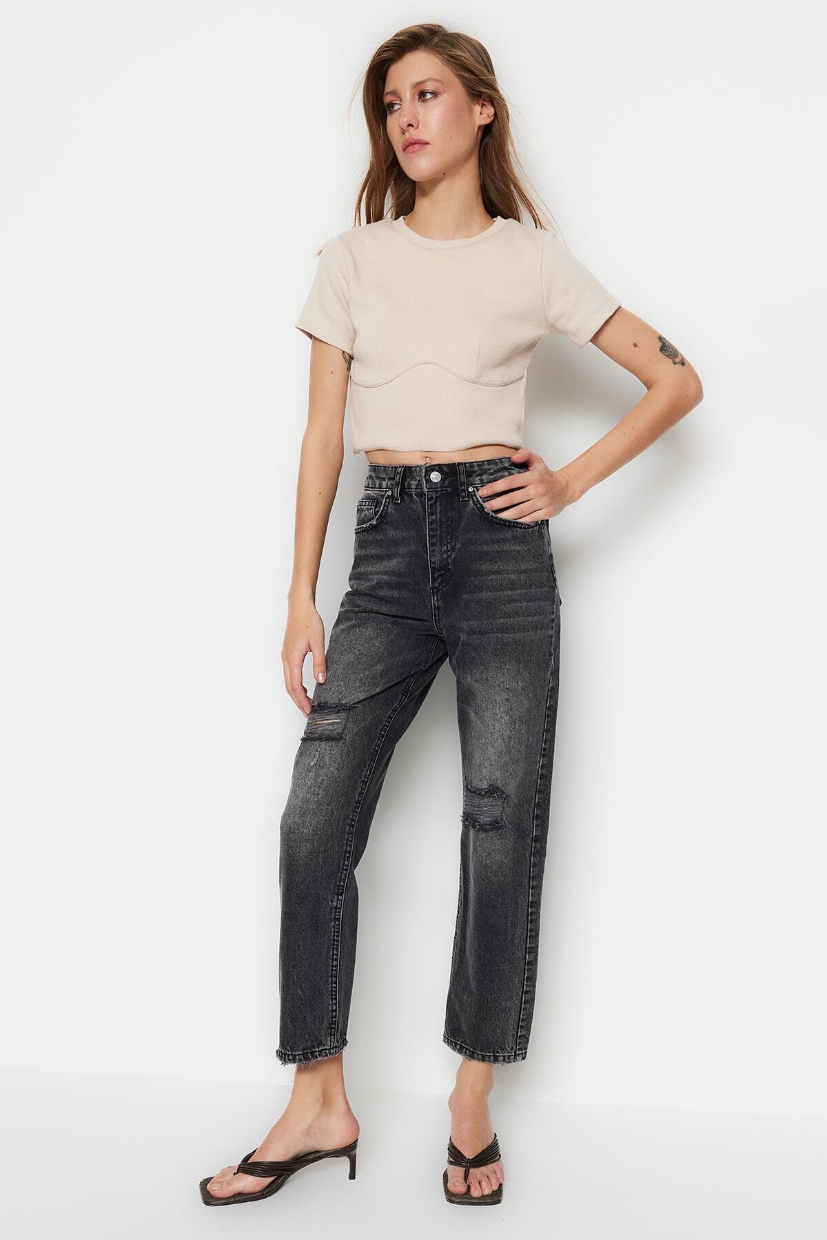 Trendyol Black raztrgal visok pas ravne kavbojke