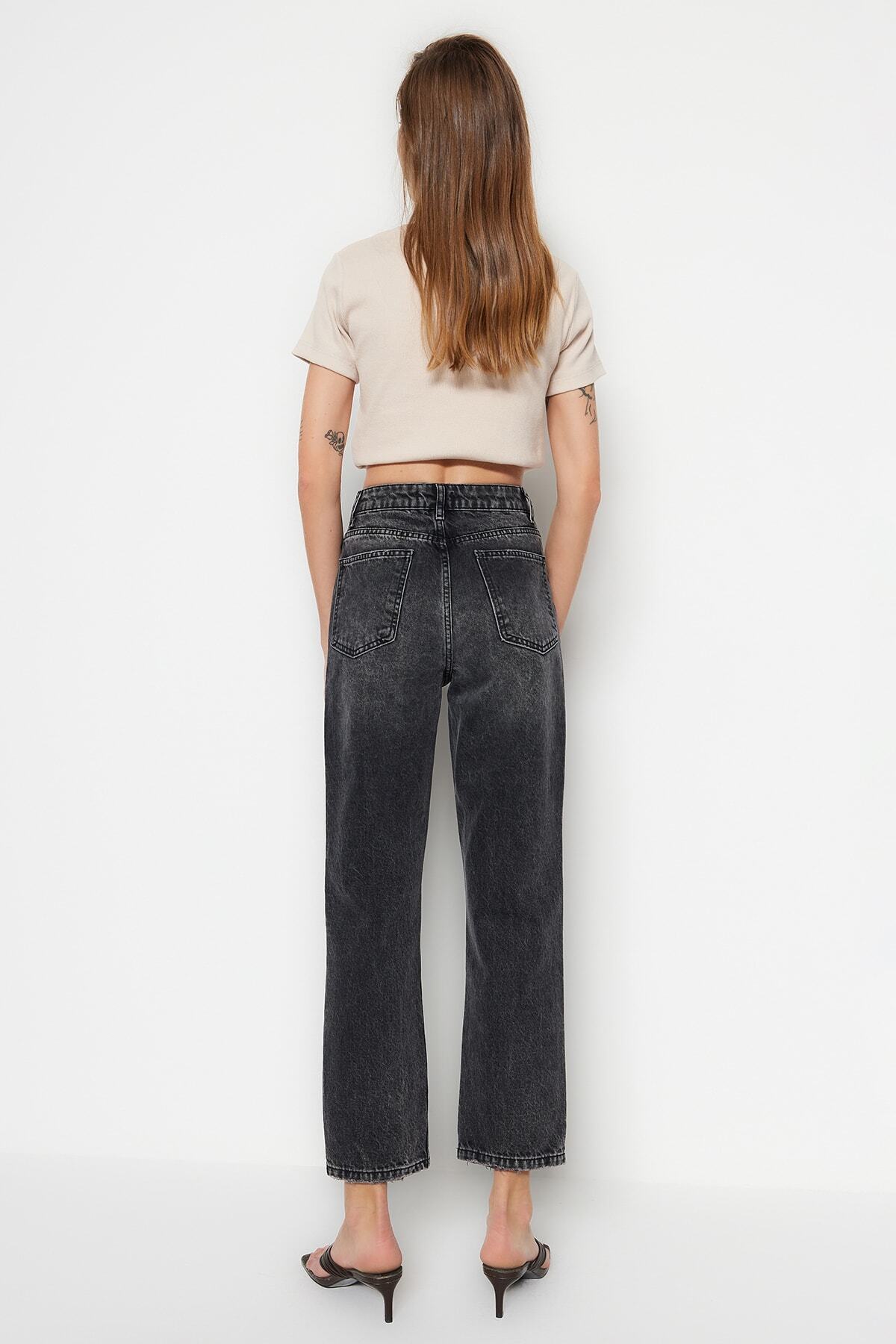 Trendyol Black raztrgal visok pas ravne kavbojke