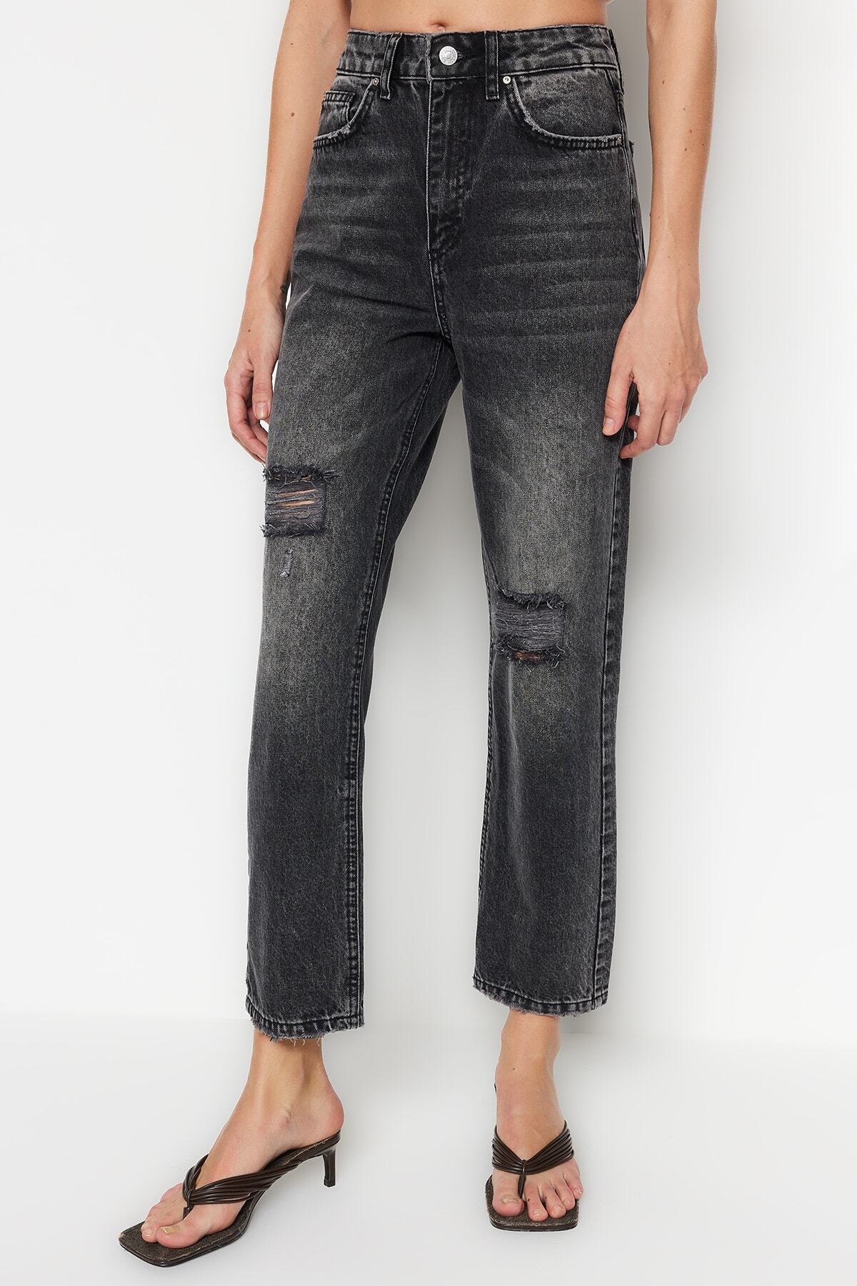 Trendyol Black raztrgal visok pas ravne kavbojke