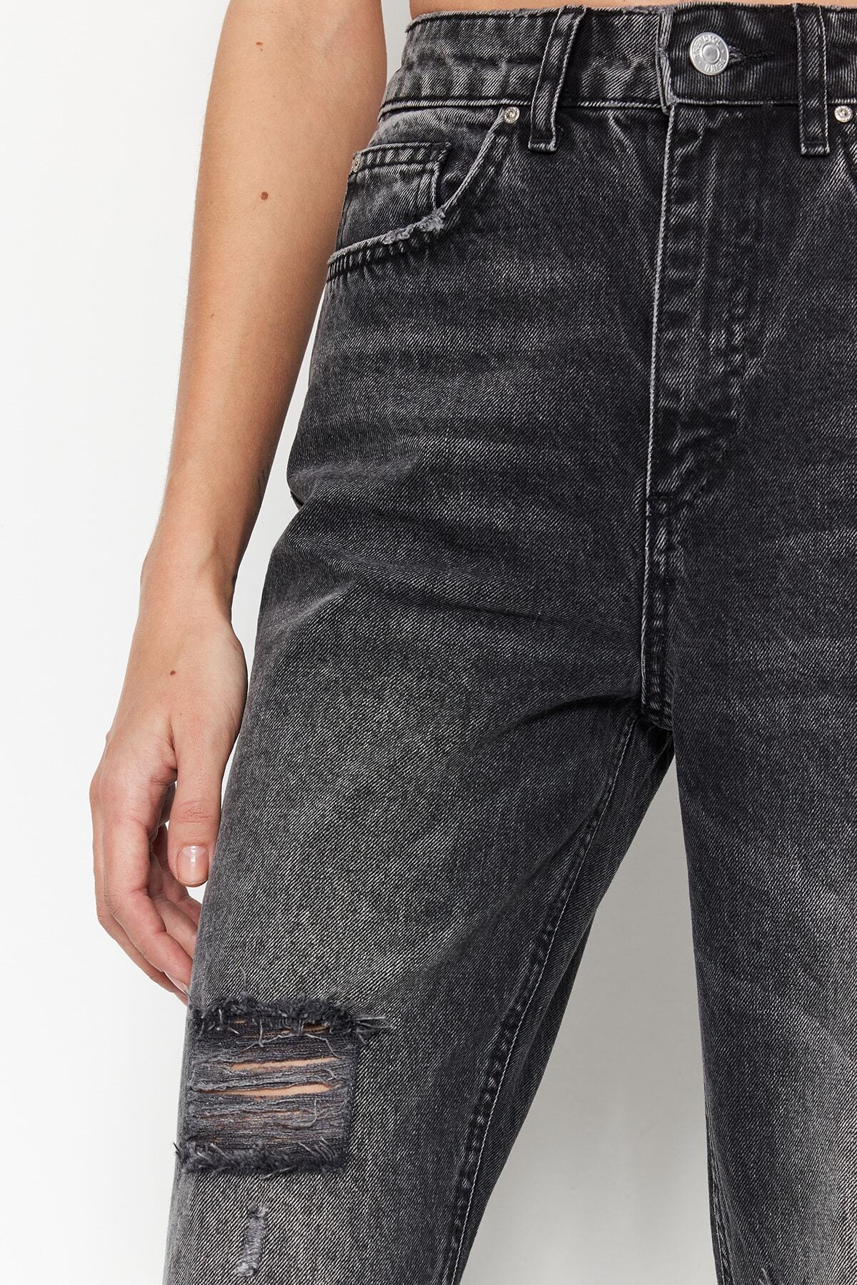 Trendyol Black raztrgal visok pas ravne kavbojke