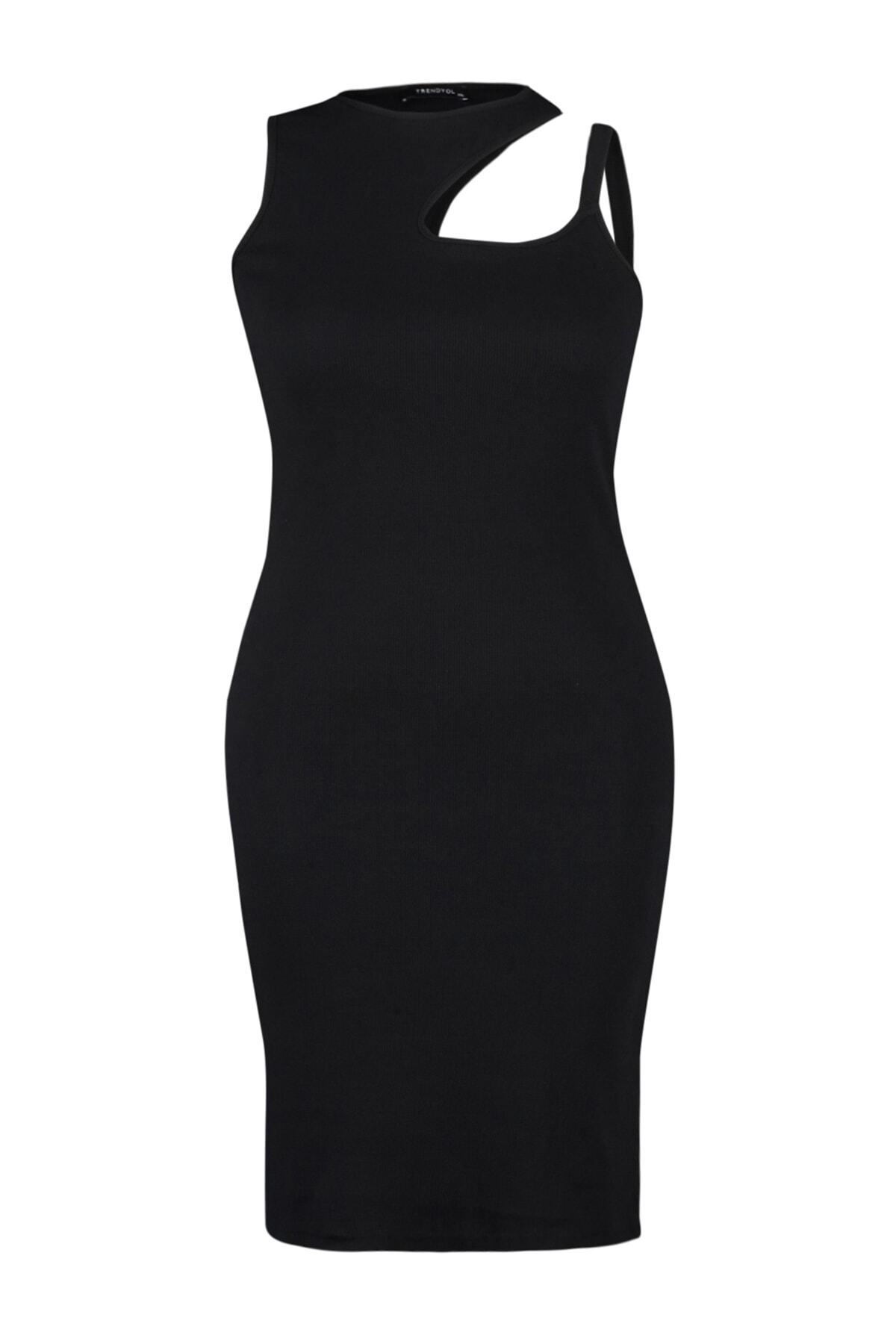 Trendyol krivulja Črna izrezana podrobna pletena obleka