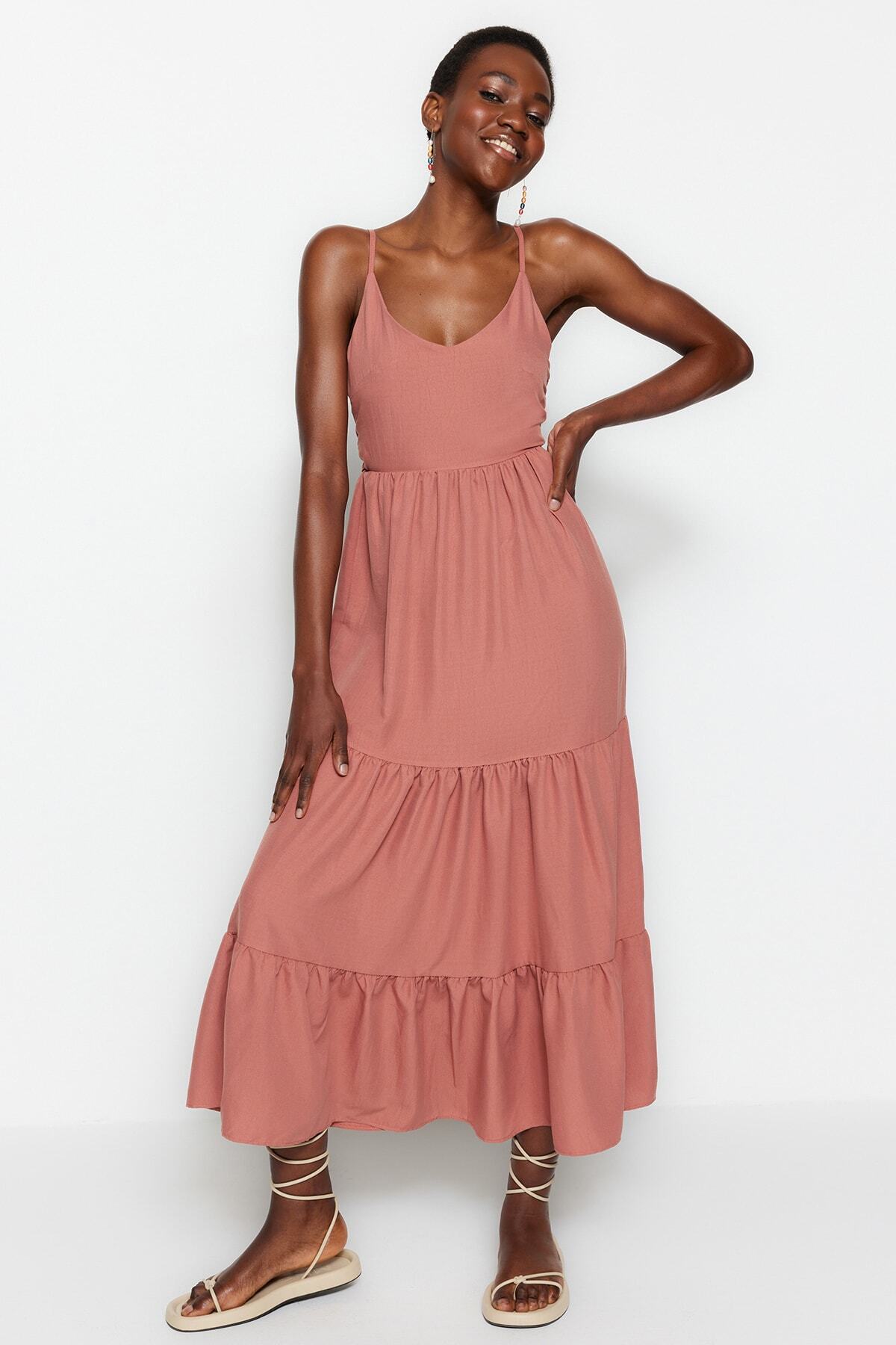 Trendyol Dusty Rose Skirt Flounced Back Tie Detail Strap Maxi Woven Dress