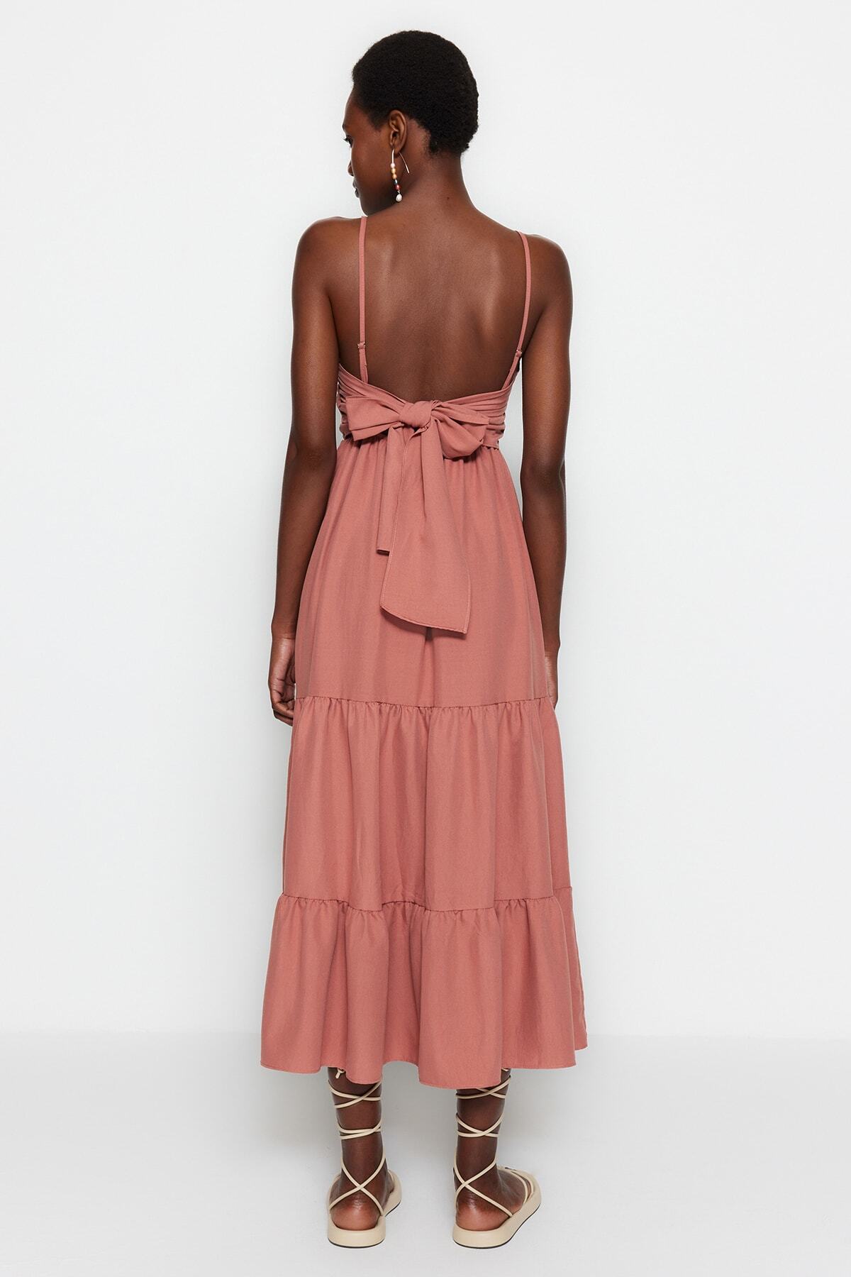 Trendyol Dusty Rose Skirt Flounced Back Tie Detail Strap Maxi Woven Dress