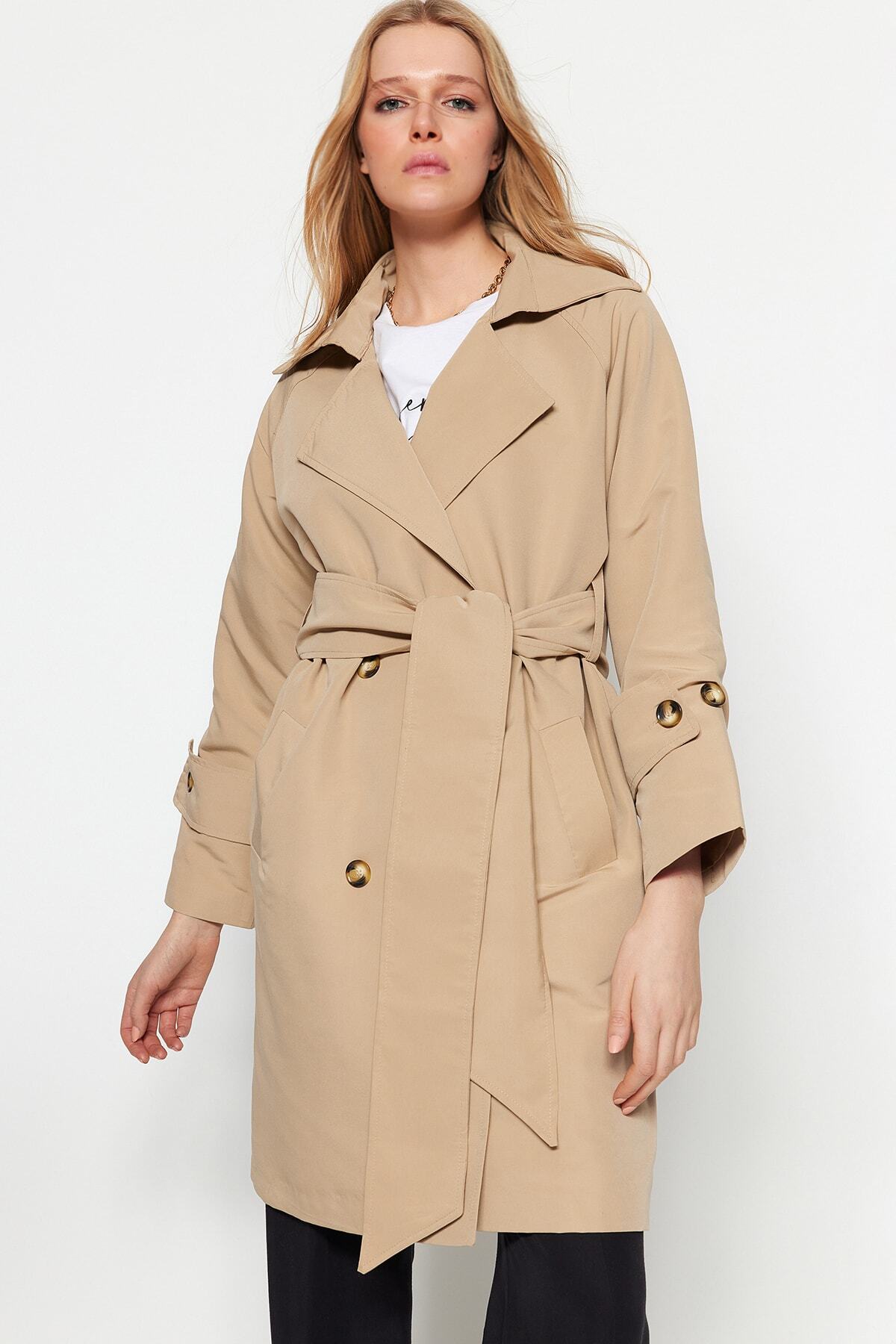 Trendyol bež prevelik širok ovratnik in pas podroben trench plašč