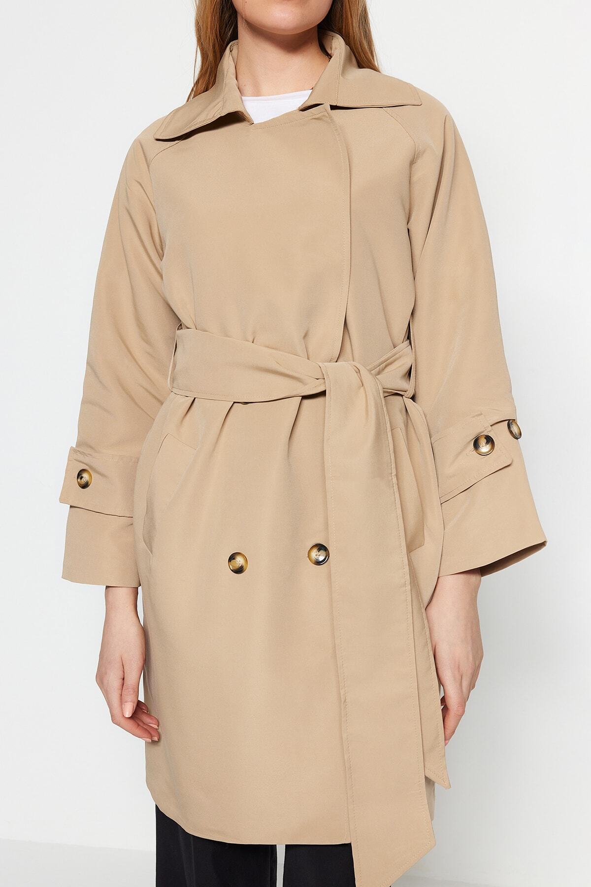 Trendyol bež prevelik širok ovratnik in pas podroben trench plašč