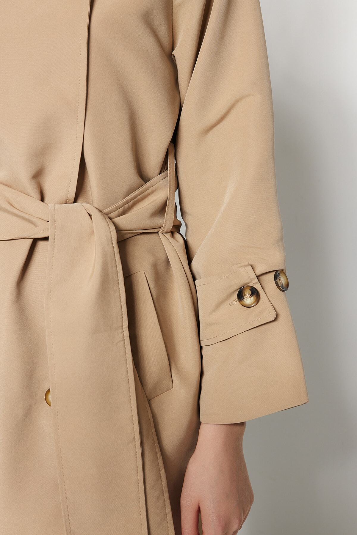 Trendyol bež prevelik širok ovratnik in pas podroben trench plašč