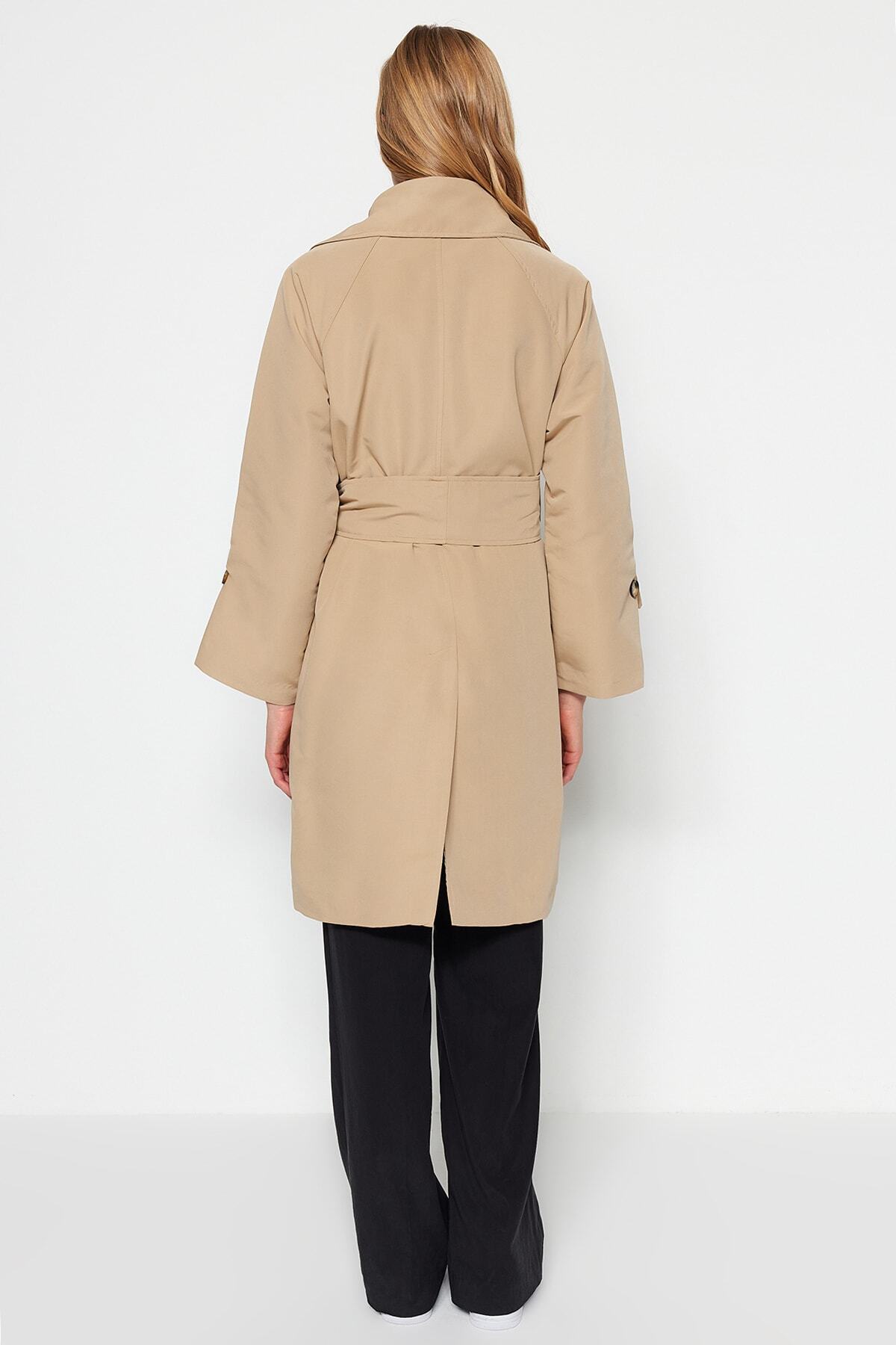 Trendyol bež prevelik širok ovratnik in pas podroben trench plašč