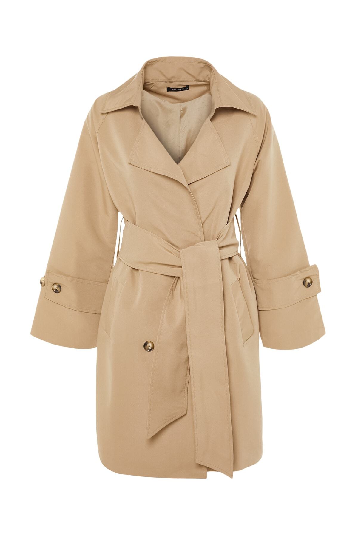 Trendyol bež prevelik širok ovratnik in pas podroben trench plašč