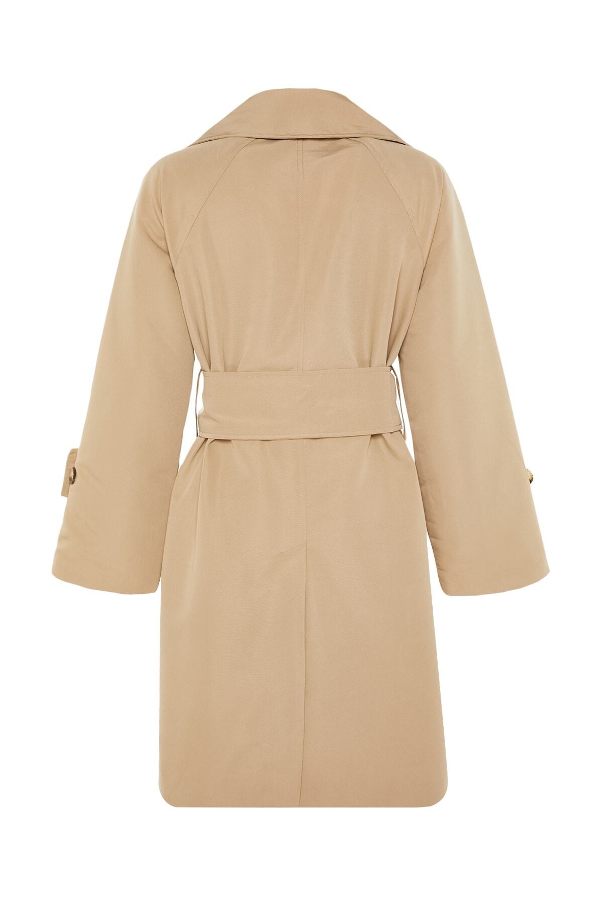 Trendyol bež prevelik širok ovratnik in pas podroben trench plašč
