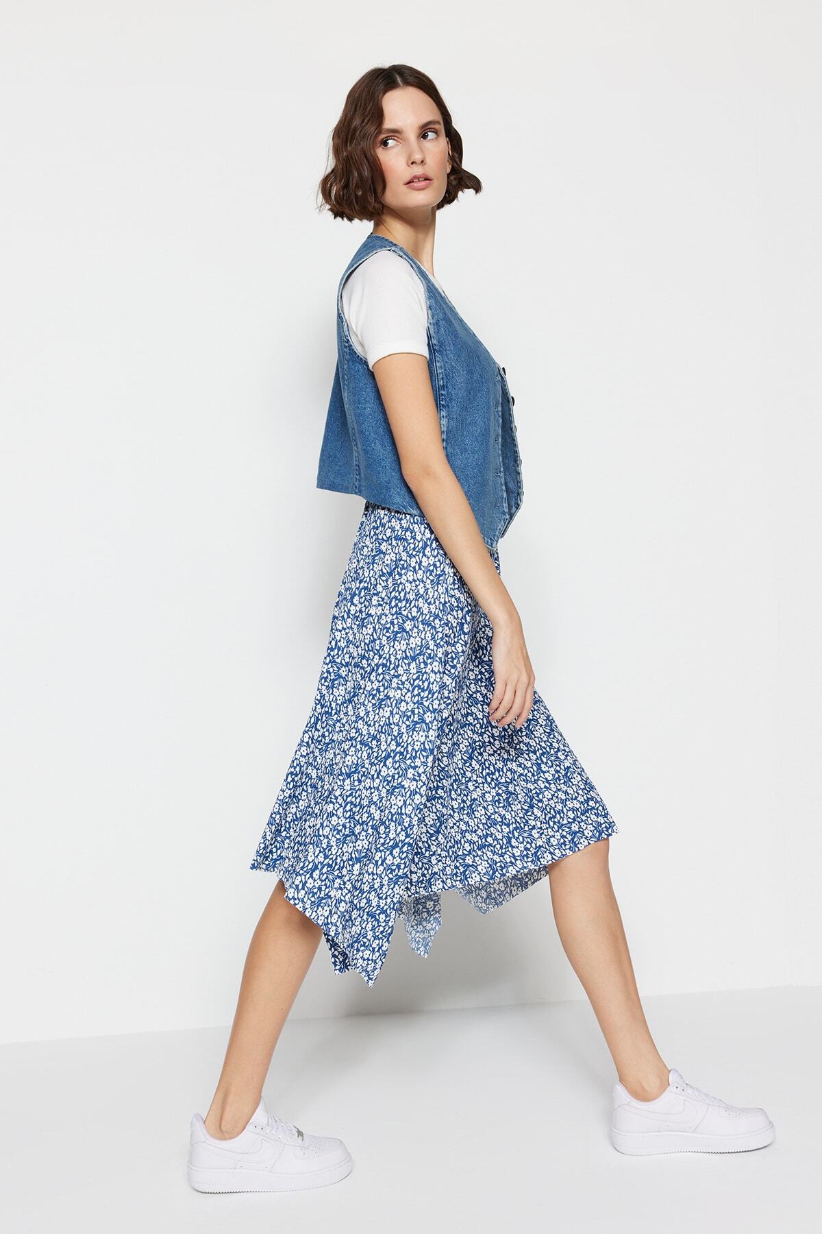 Trendyol Indigo Patterned Flounce Asymmetric High Waist Midi Flexible Knitted Skirt