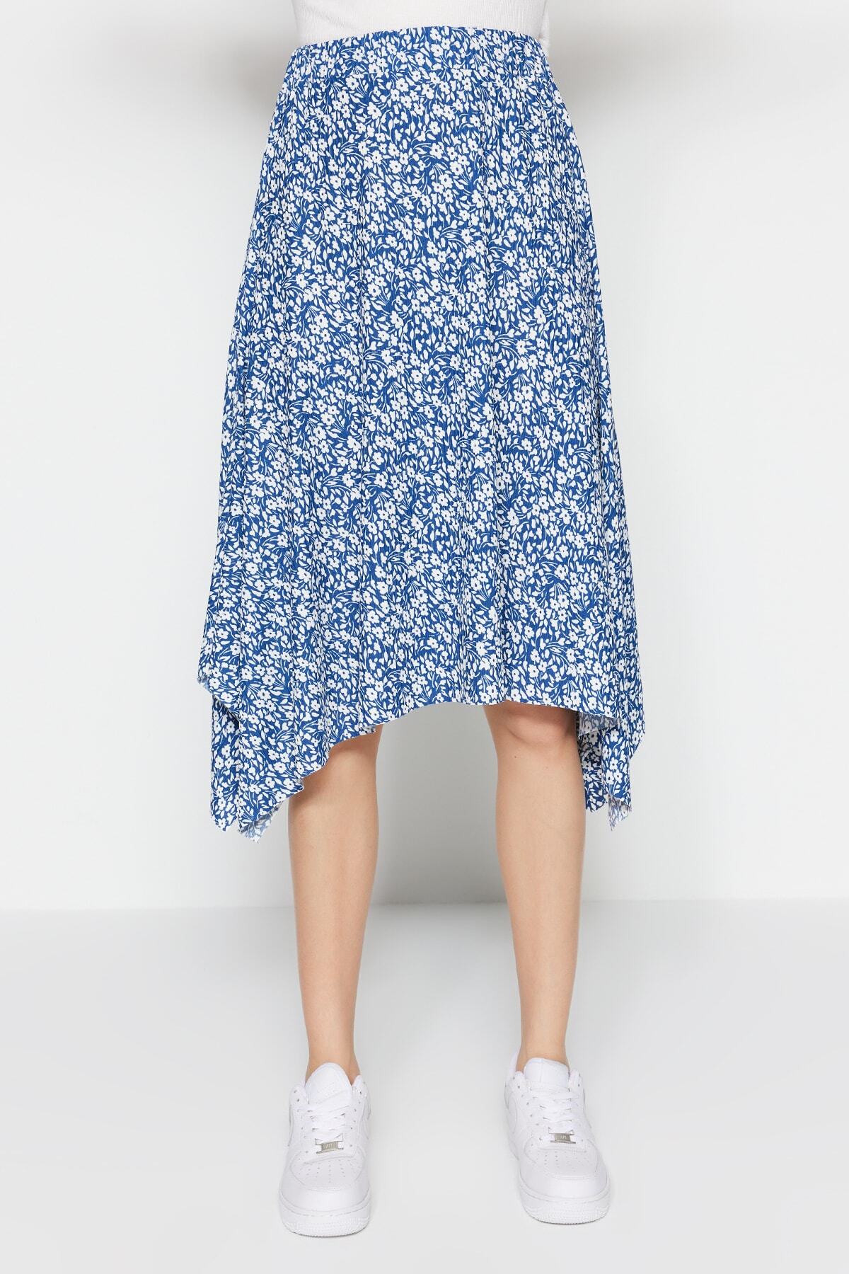 Trendyol Indigo Patterned Flounce Asymmetric High Waist Midi Flexible Knitted Skirt