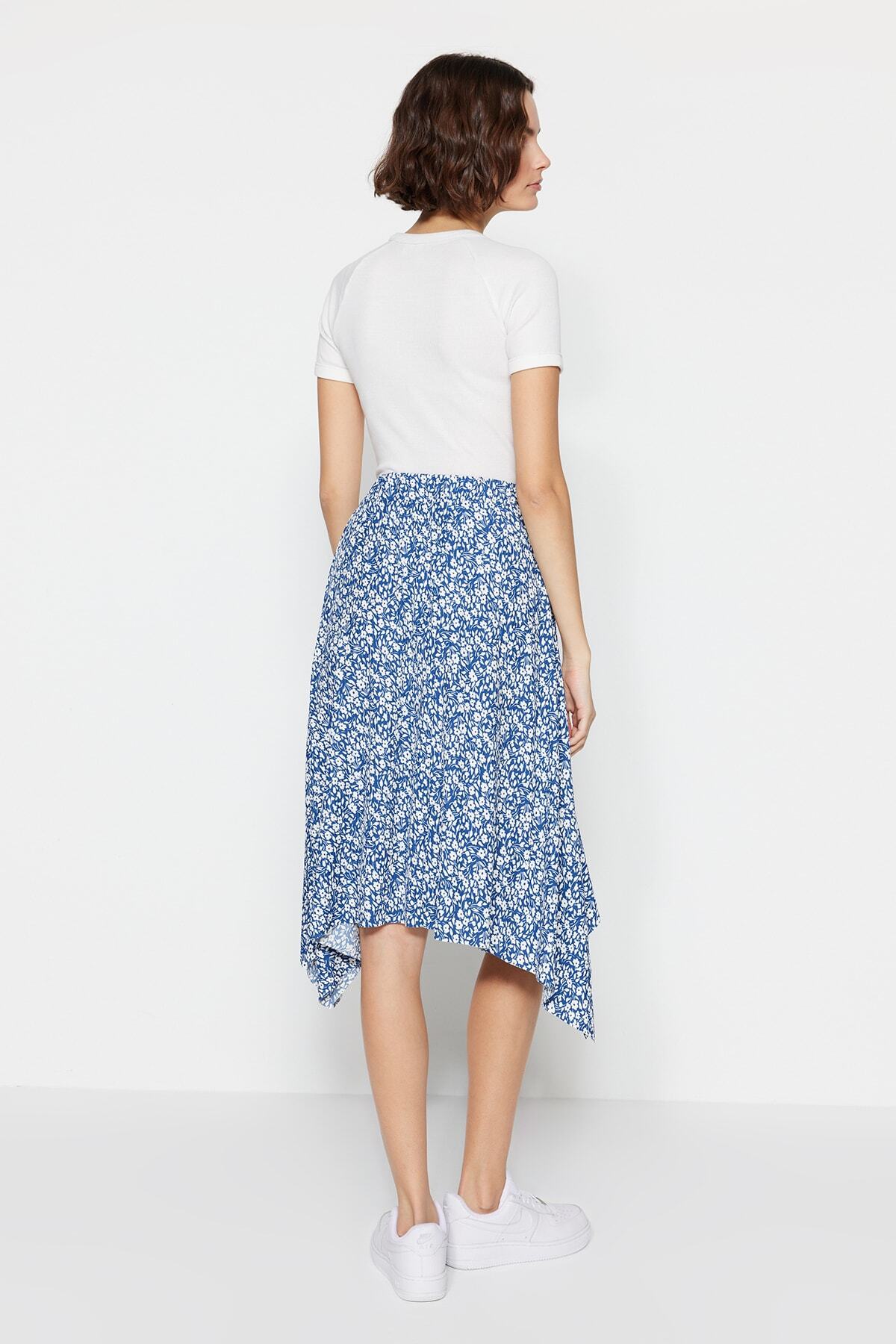 Trendyol Indigo Patterned Flounce Asymmetric High Waist Midi Flexible Knitted Skirt