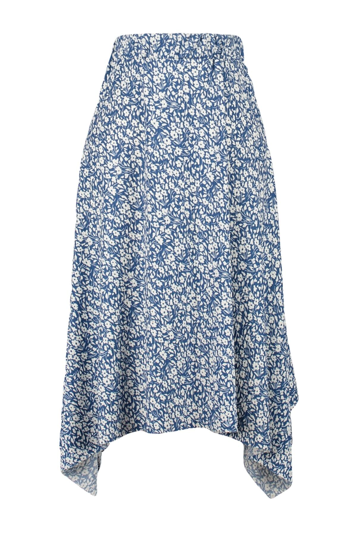 Trendyol Indigo Patterned Flounce Asymmetric High Waist Midi Flexible Knitted Skirt