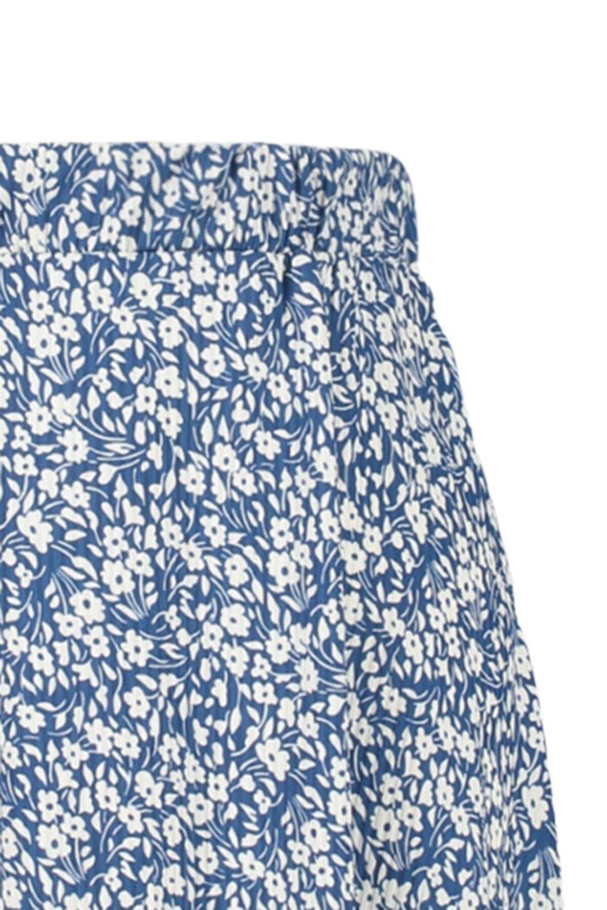 Trendyol Indigo Patterned Flounce Asymmetric High Waist Midi Flexible Knitted Skirt