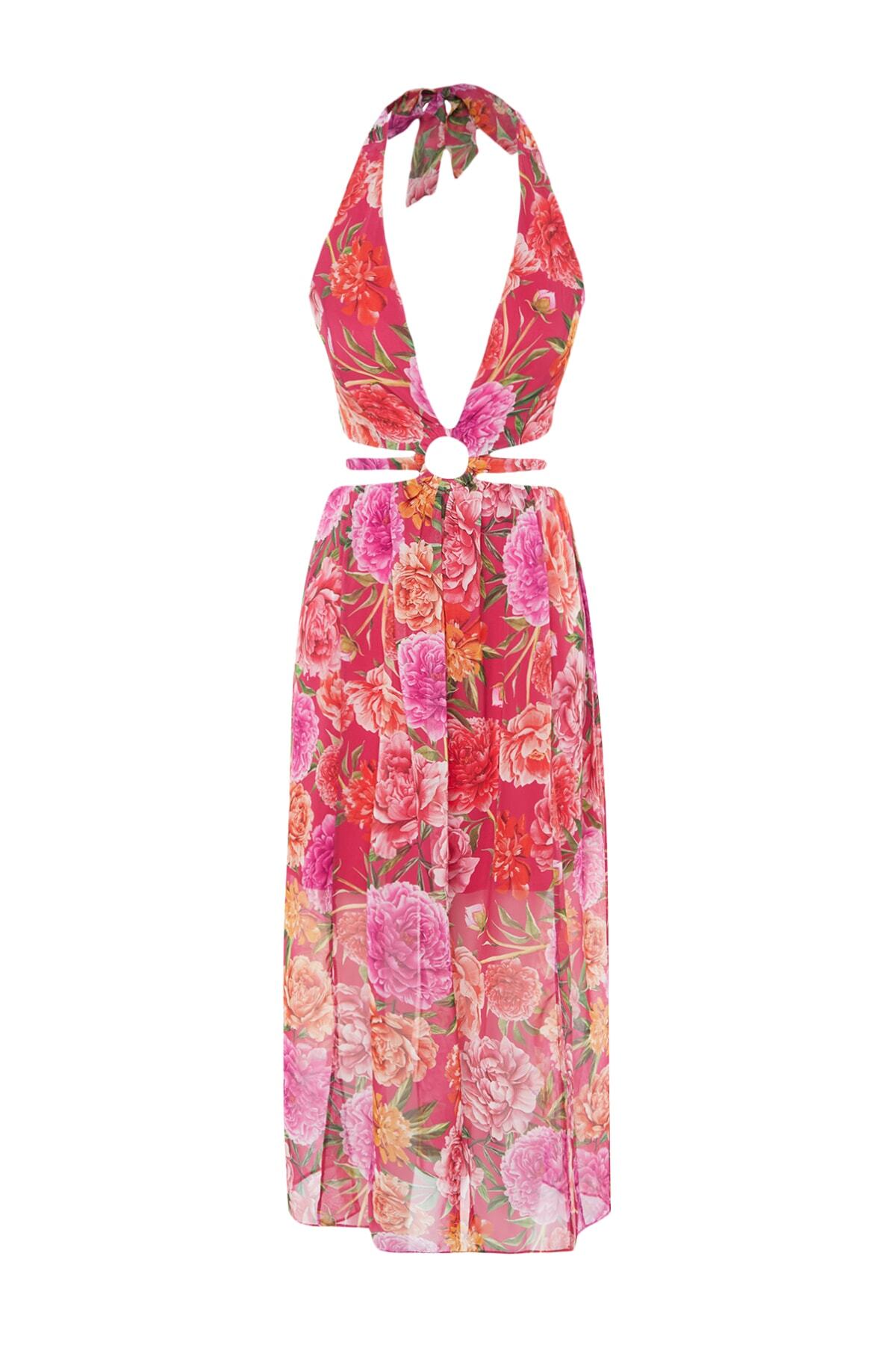 Trendyol Chiffon cvetlična vzorčasta večerna obleka z oknom / izrezana podrobna, večbarvna podloga