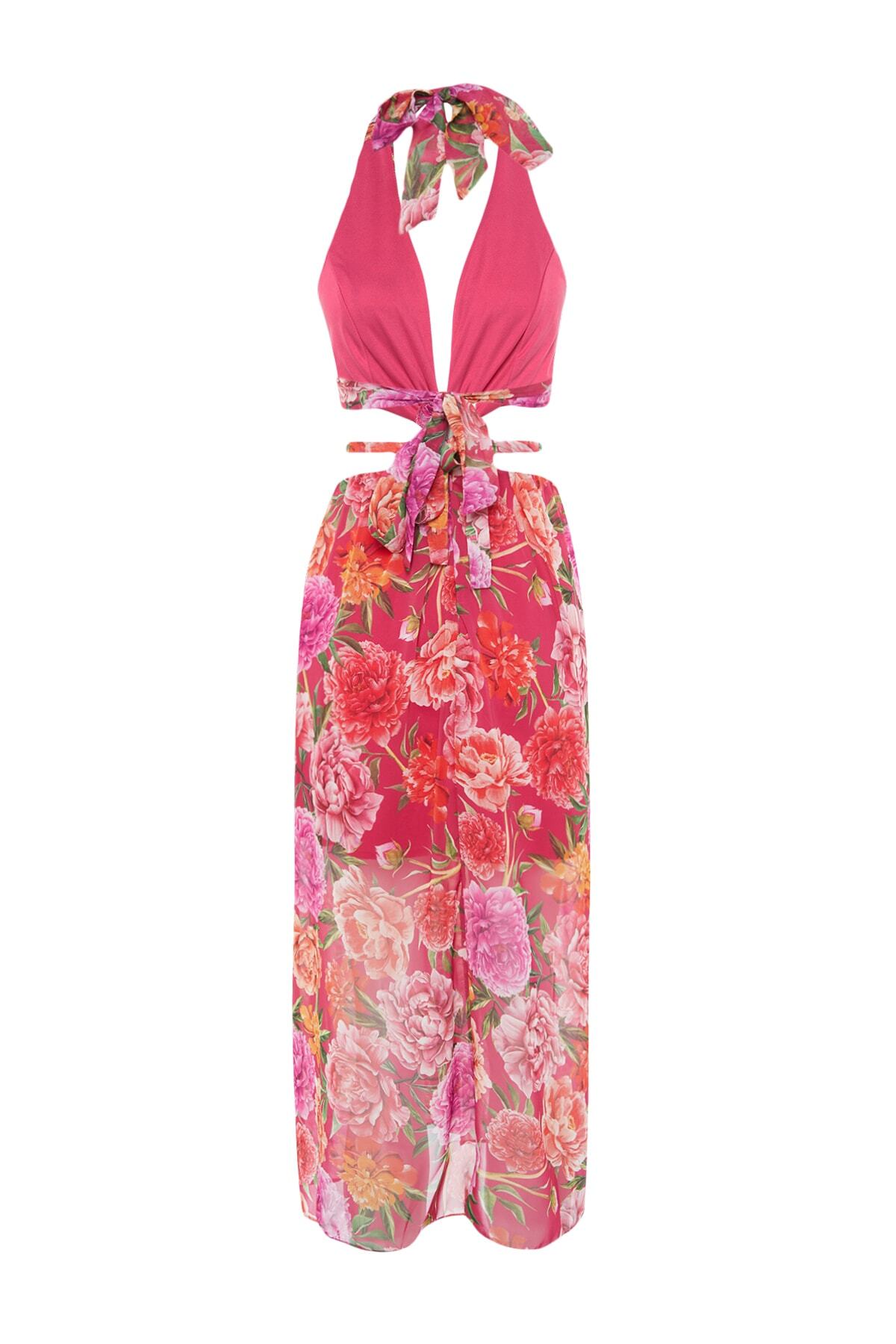 Trendyol Chiffon cvetlična vzorčasta večerna obleka z oknom / izrezana podrobna, večbarvna podloga