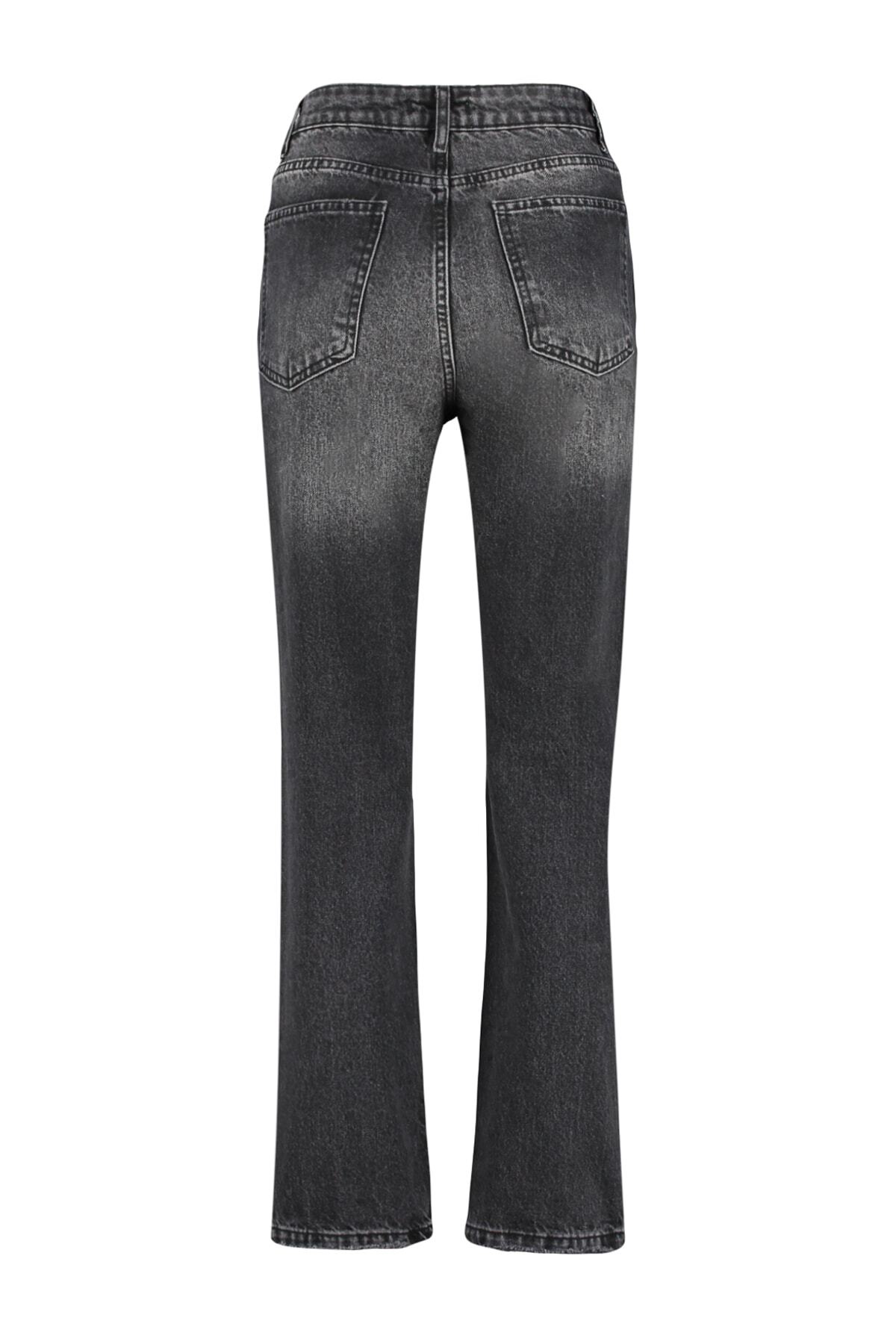 Trendyol Black raztrgal visok pas ravne kavbojke