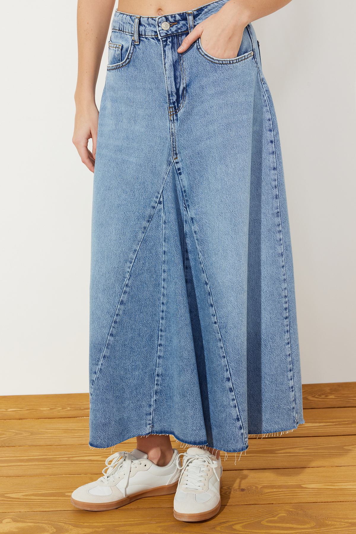 Trendyol Blue Flounce Sewing Detailed High Waist Maxi Denim Skirt