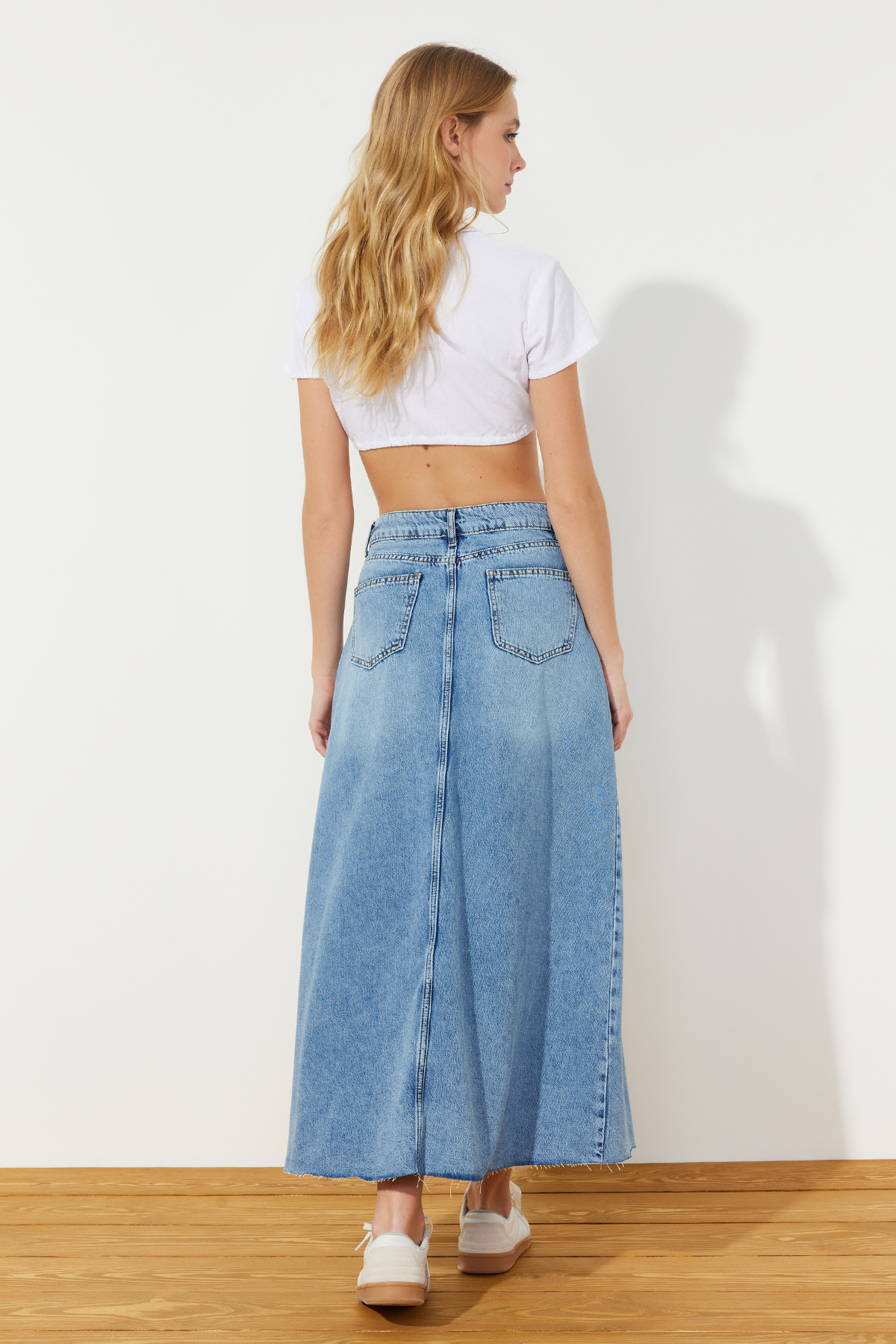Trendyol Blue Flounce Sewing Detailed High Waist Maxi Denim Skirt