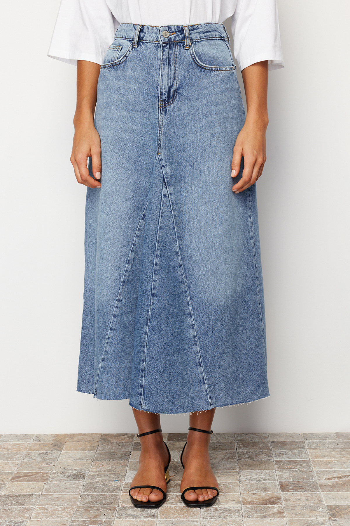 Trendyol Blue Flounce Sewing Detailed High Waist Maxi Denim Skirt