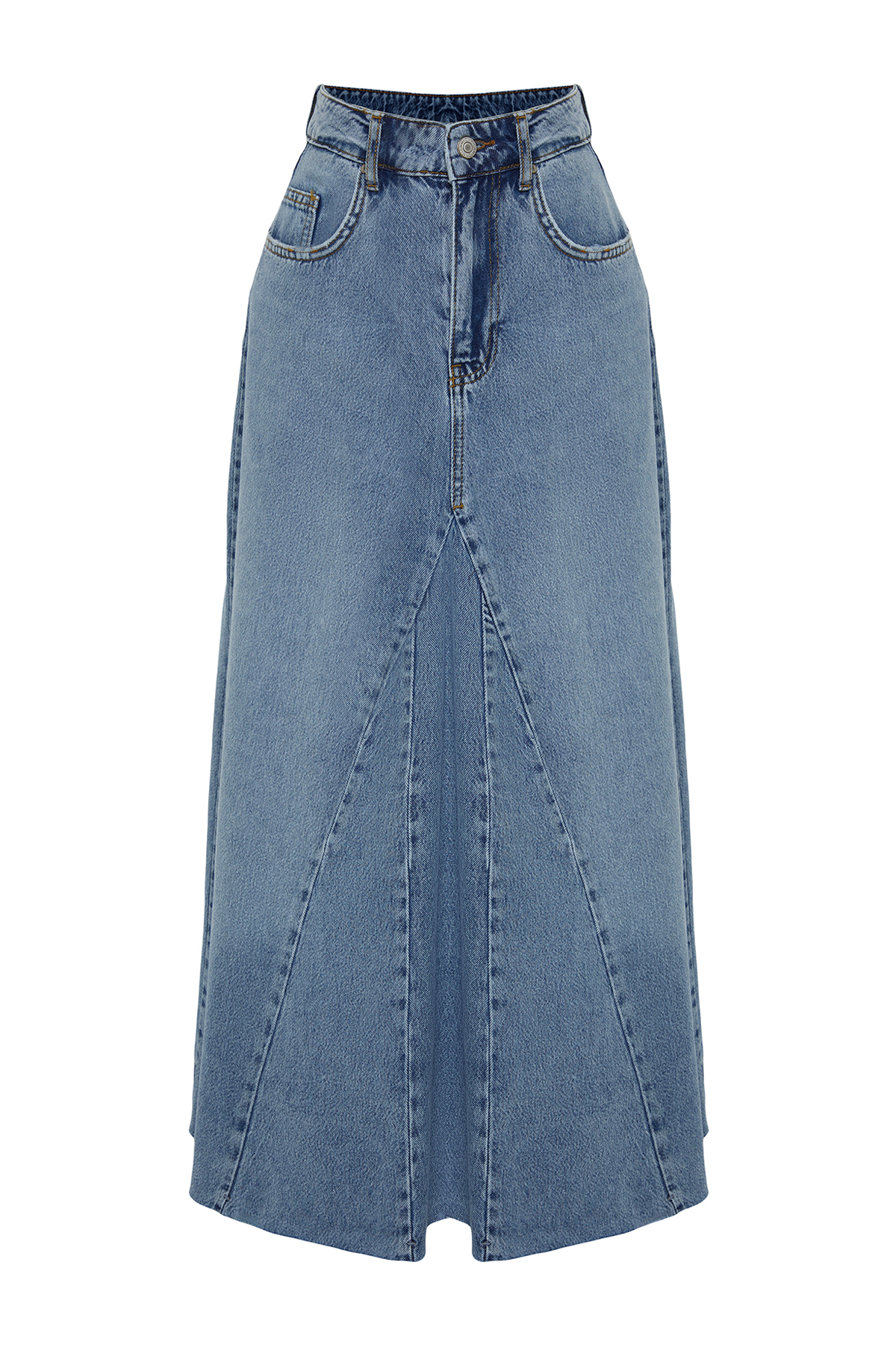 Trendyol Blue Flounce Sewing Detailed High Waist Maxi Denim Skirt