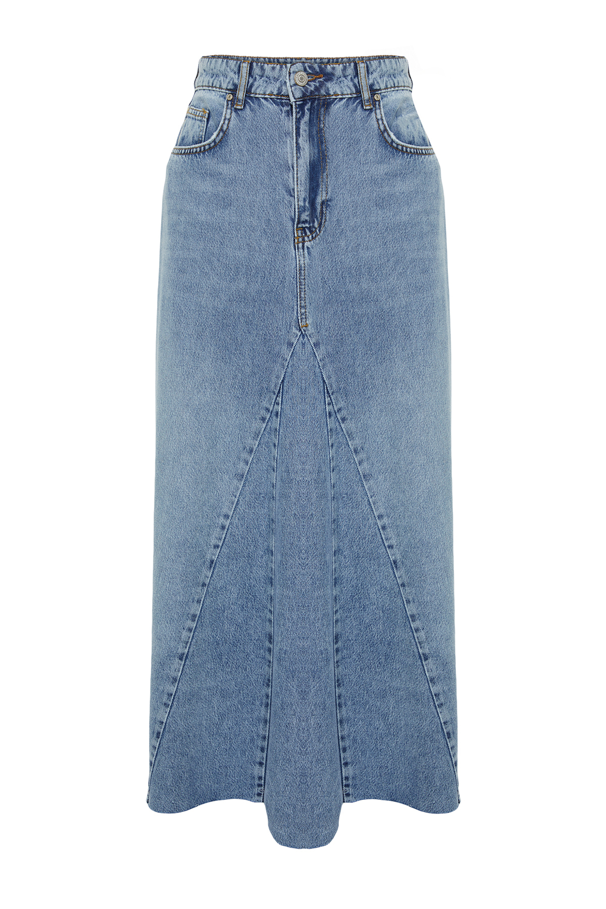 Trendyol Blue Flounce Sewing Detailed High Waist Maxi Denim Skirt