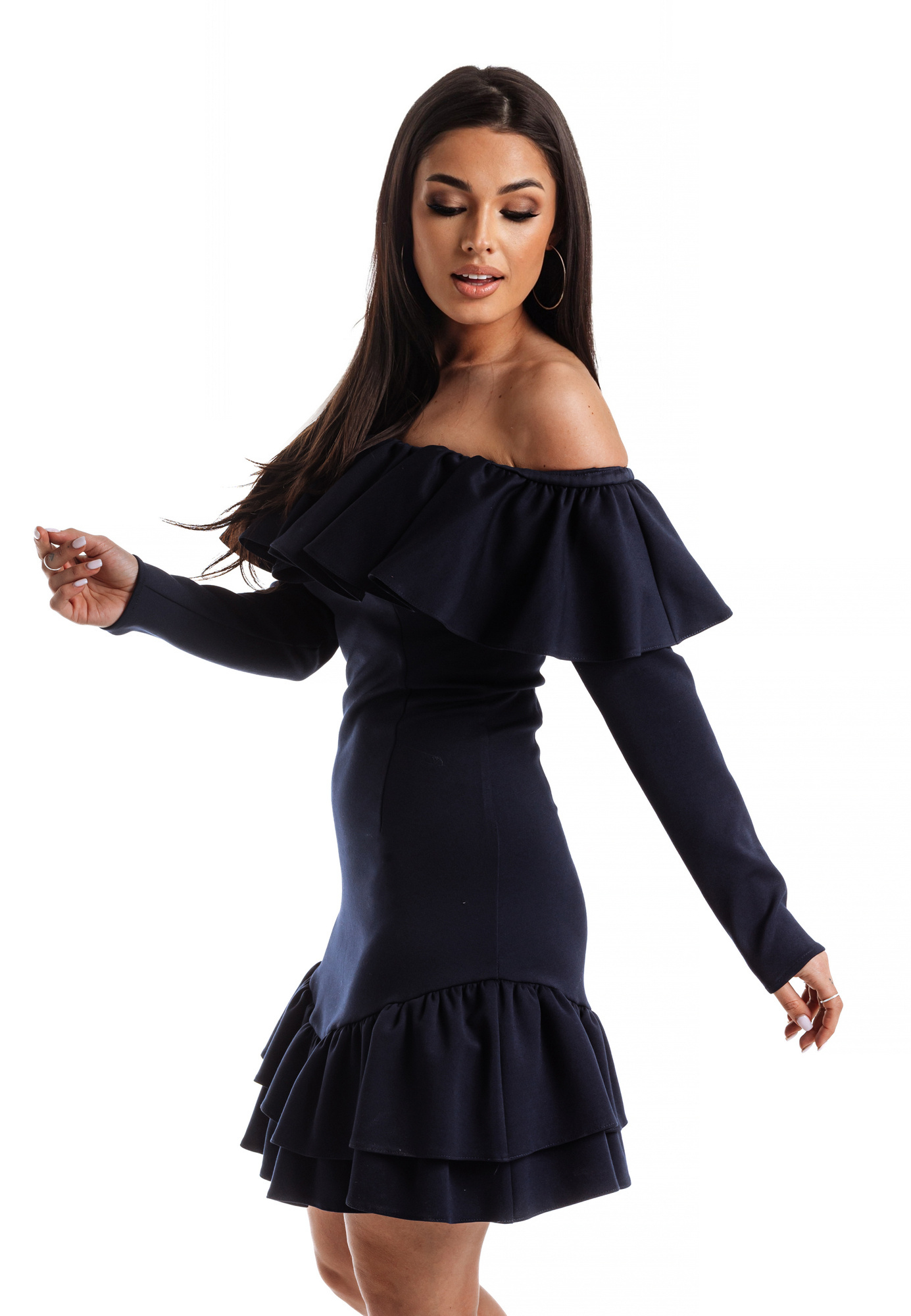 Mornarska obleka z dekorativnim frilom na vratnem izrezu La Diva