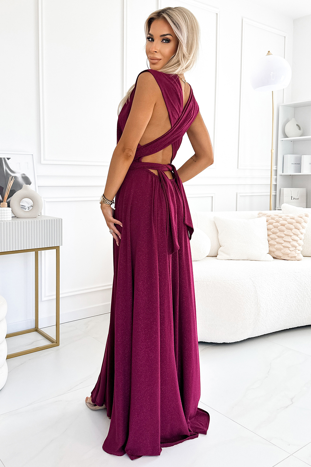 NUMOCO 509-3 Elegant long dress tied in many ways - burgundy with glitter