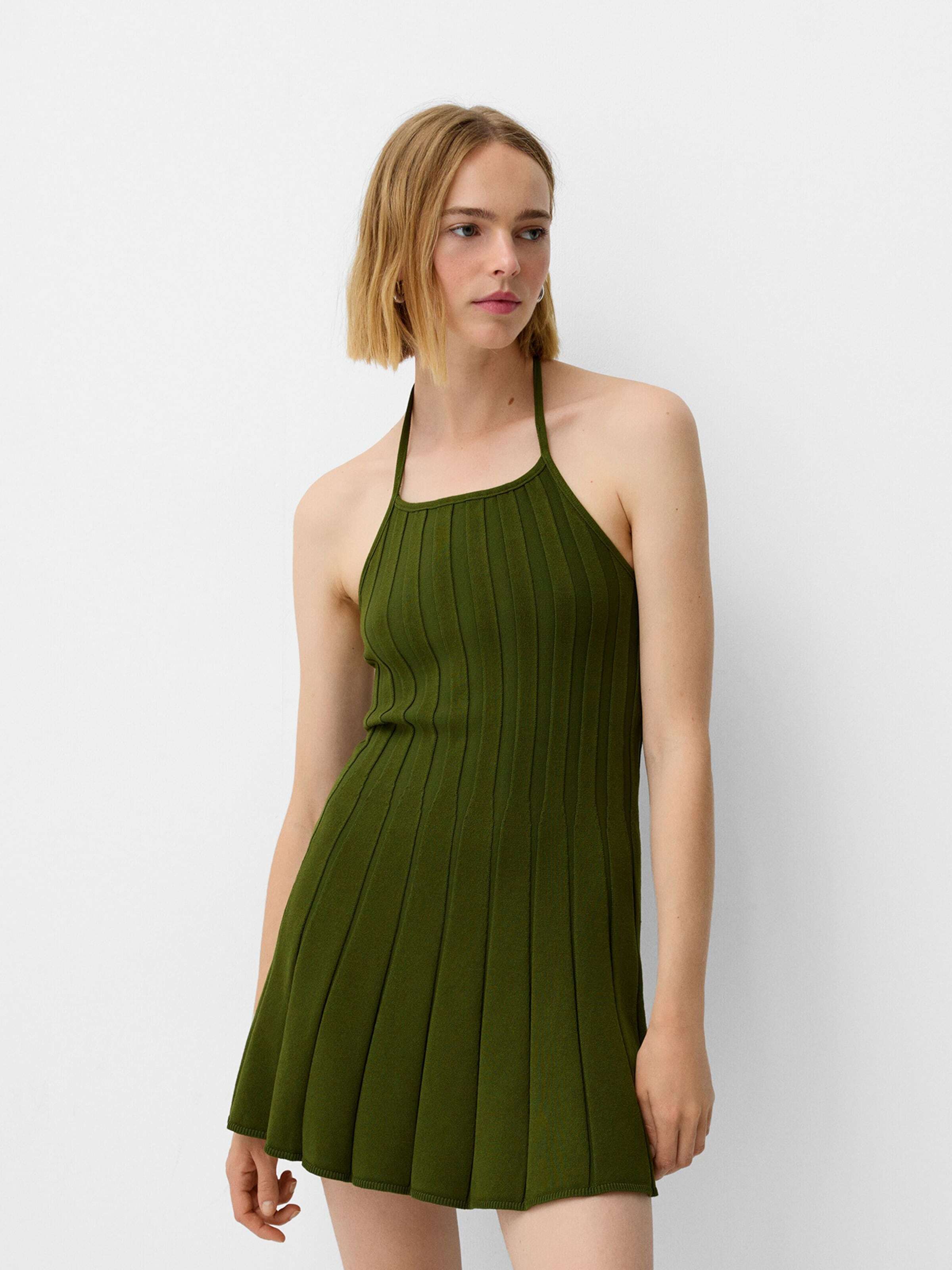 Bershka Pletena obleka temno zelena