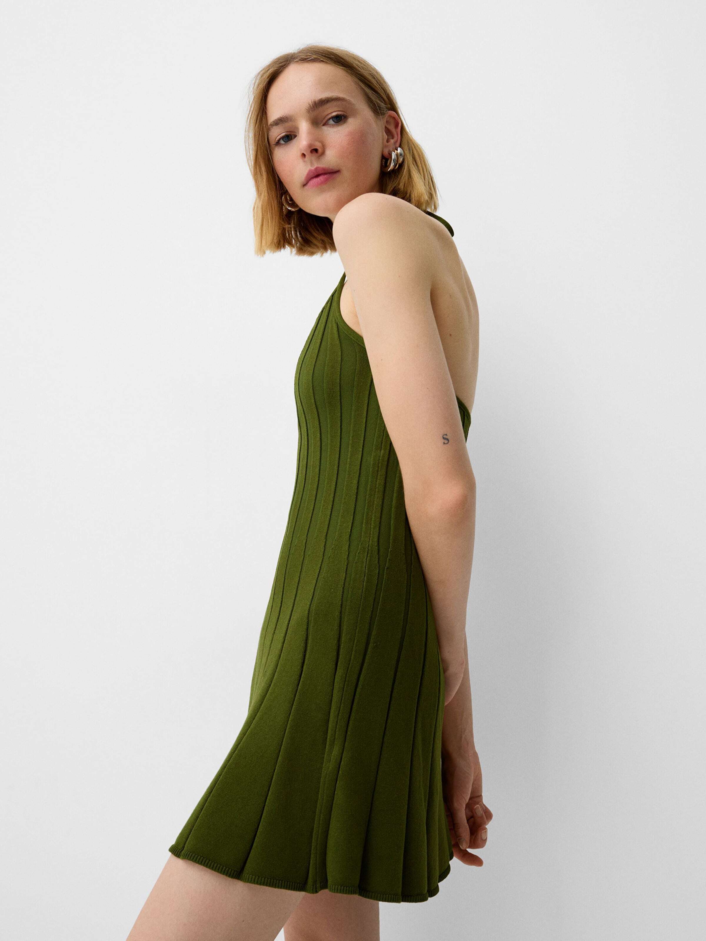 Bershka Pletena obleka temno zelena