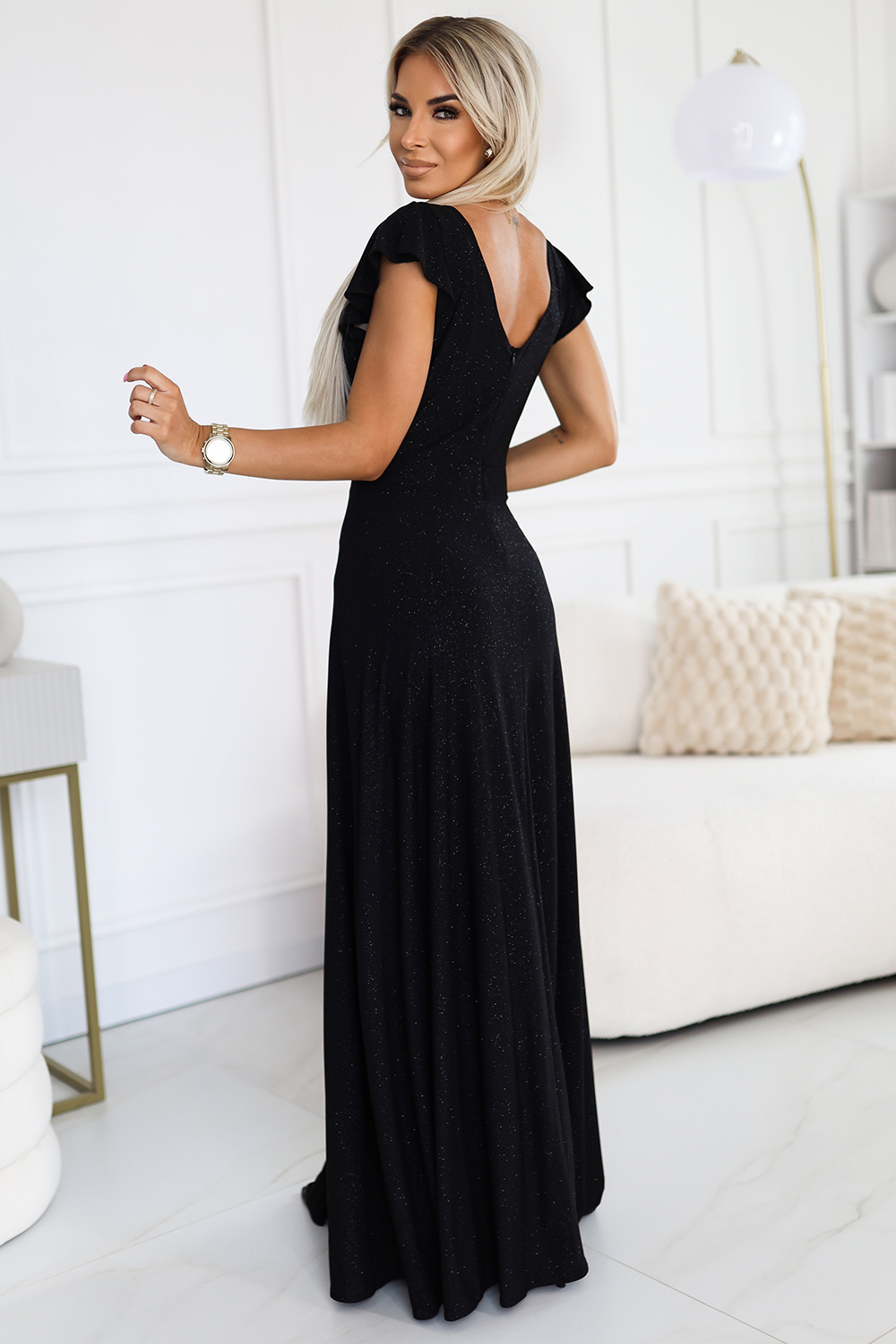NUMOCO 411-12 CRYSTAL Shiny Long Dress Neckline - BLACK