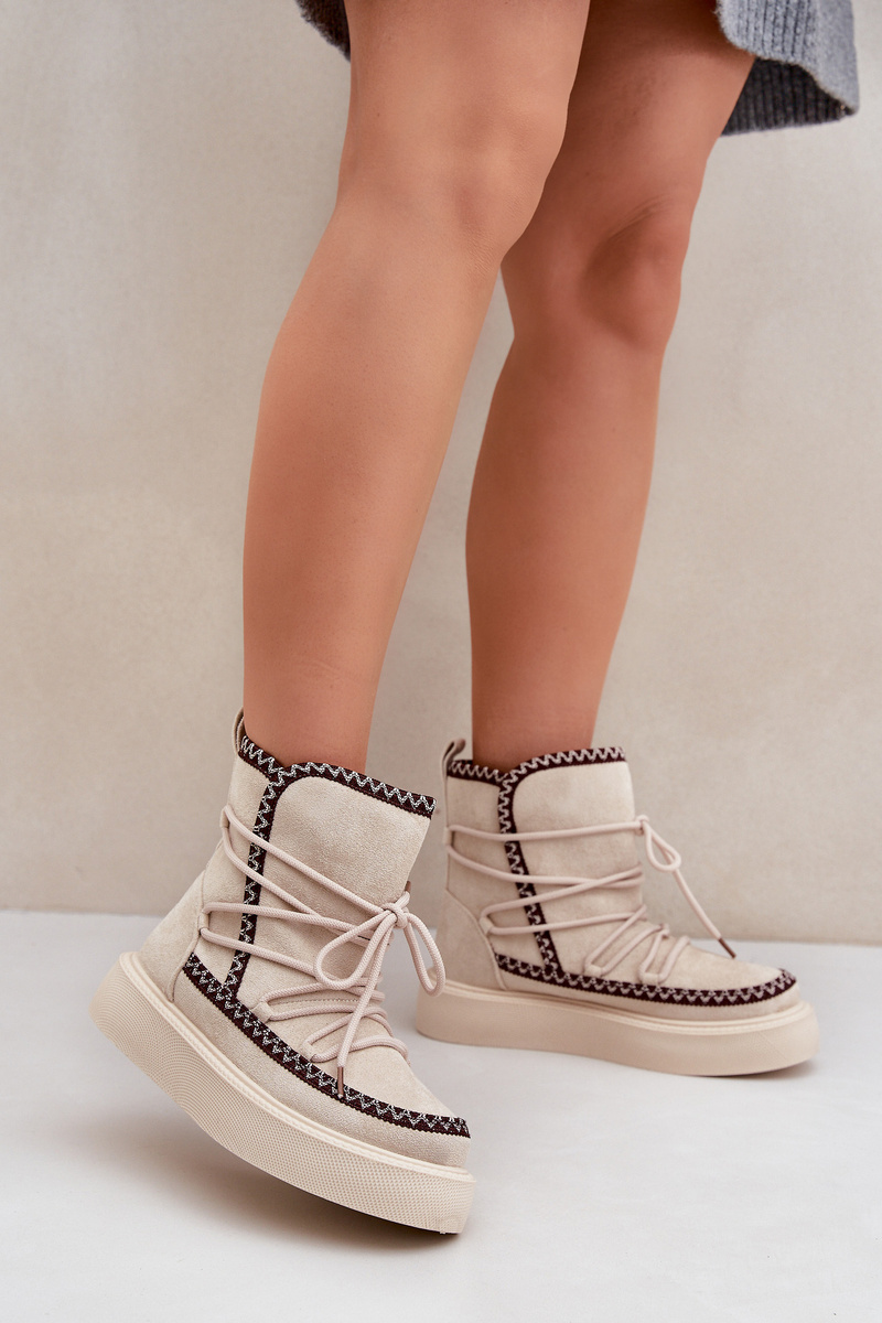 Boto PH2 Women's Snow Boots With Embroidery On Platform Light Beige Naleris