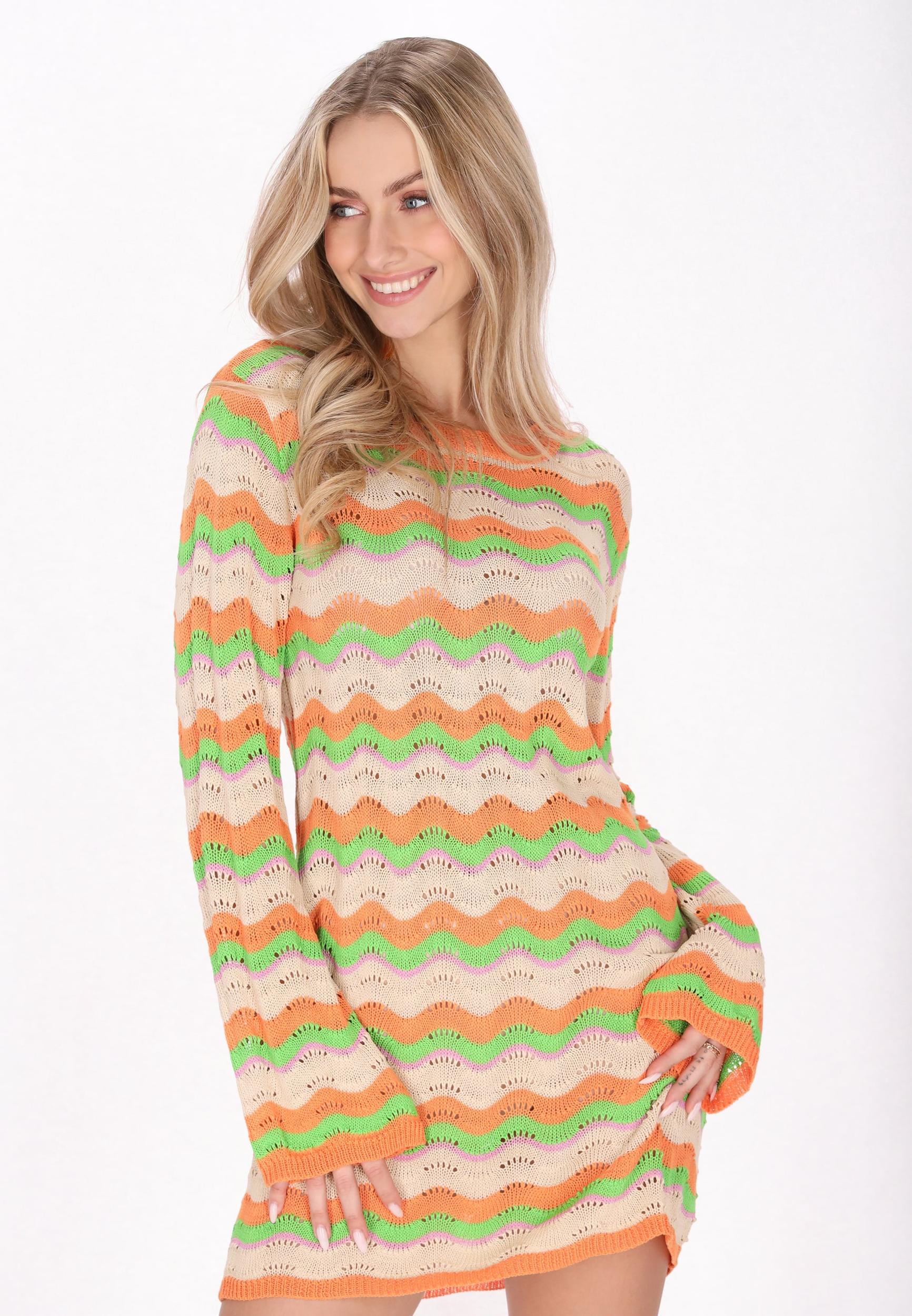 IZIA Pletena obleka 'Festival' bež / svetlo zelena / majnica / oranžna