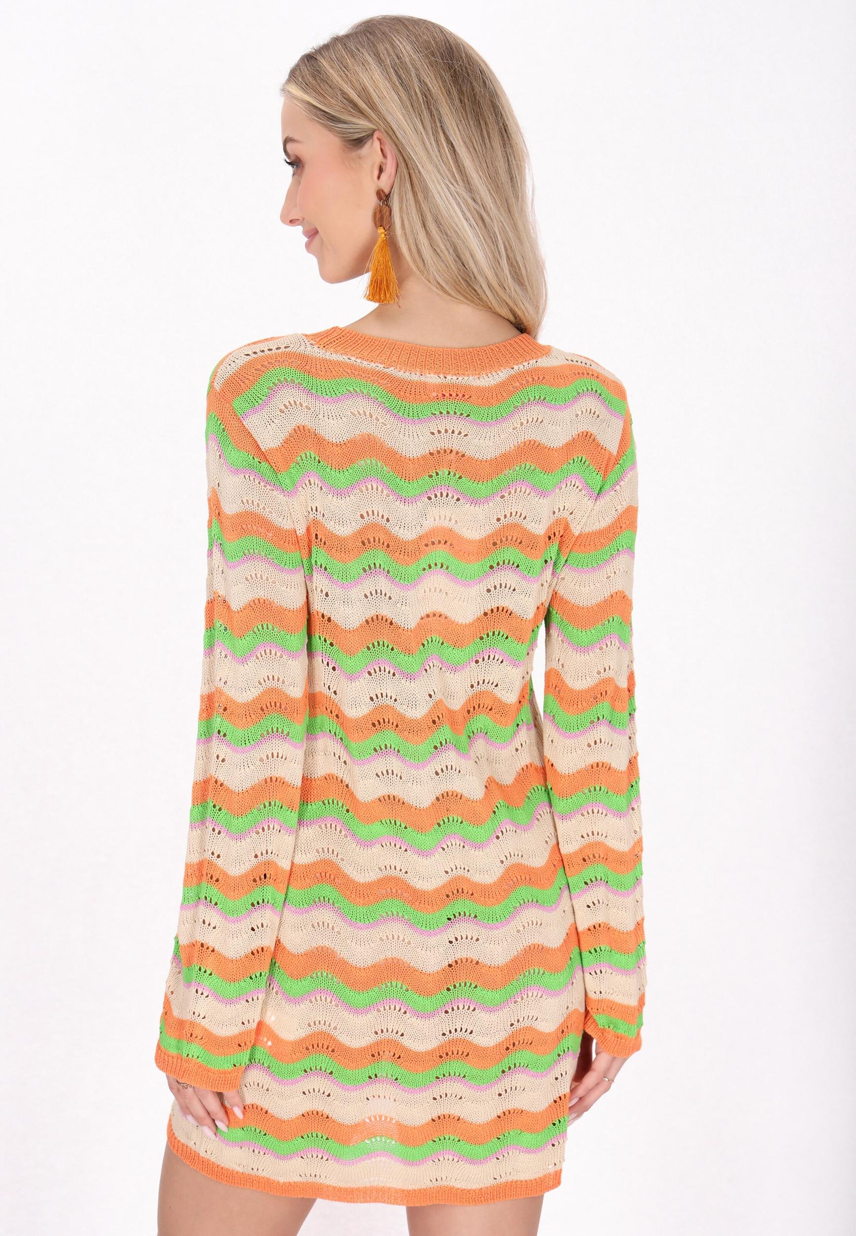 IZIA Pletena obleka 'Festival' bež / svetlo zelena / majnica / oranžna